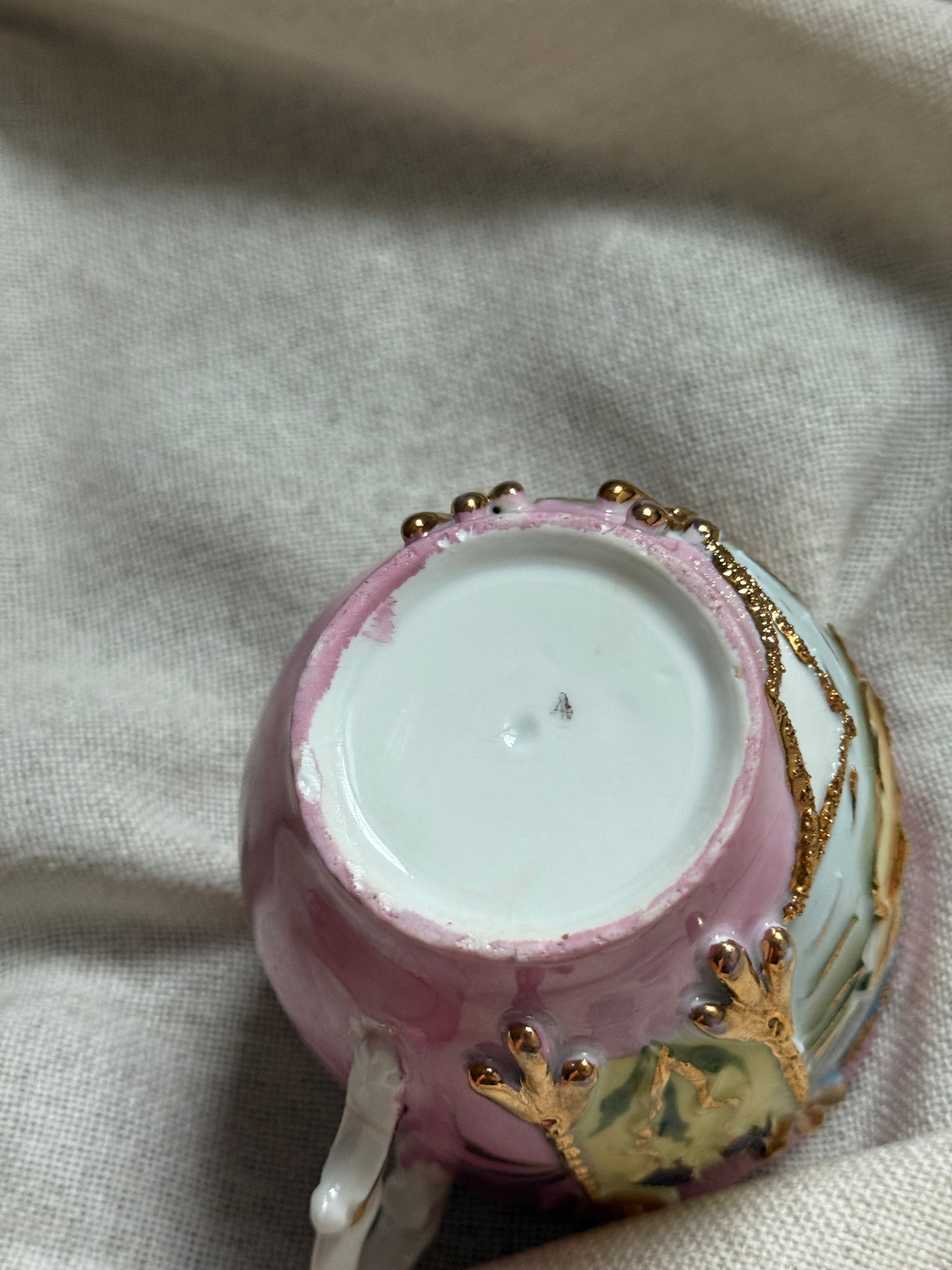 Antique Porcelain Mustache Cup | Pink & Gold Water Lily Scene