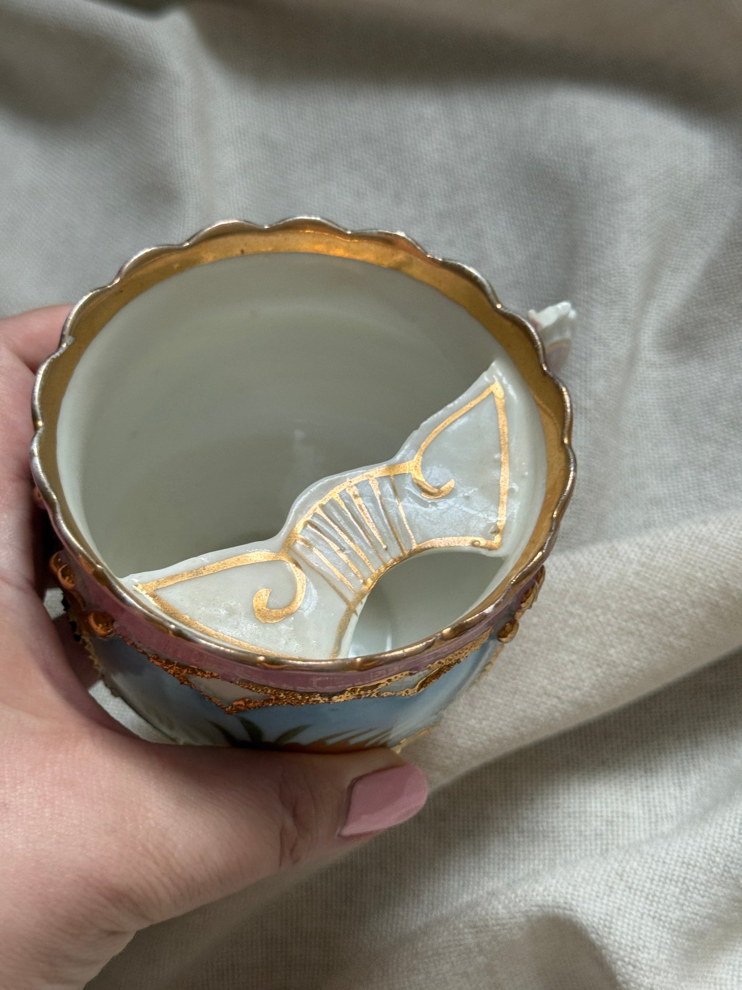 Antique Porcelain Mustache Cup | Pink & Gold Water Lily Scene