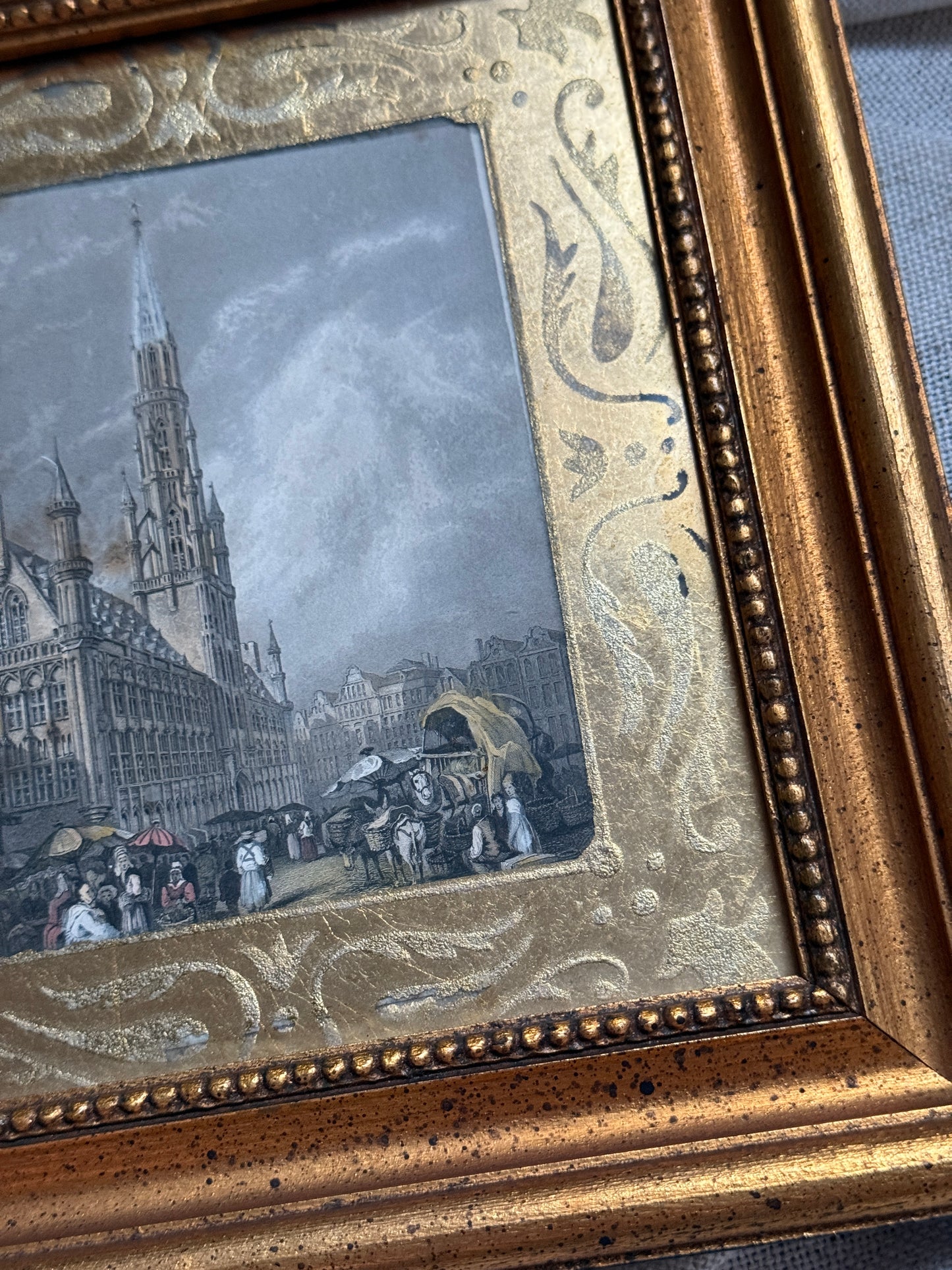 Antique-Style Framed Architecture Print | Gilt Frame with Stenciled Mat | European Street Scene