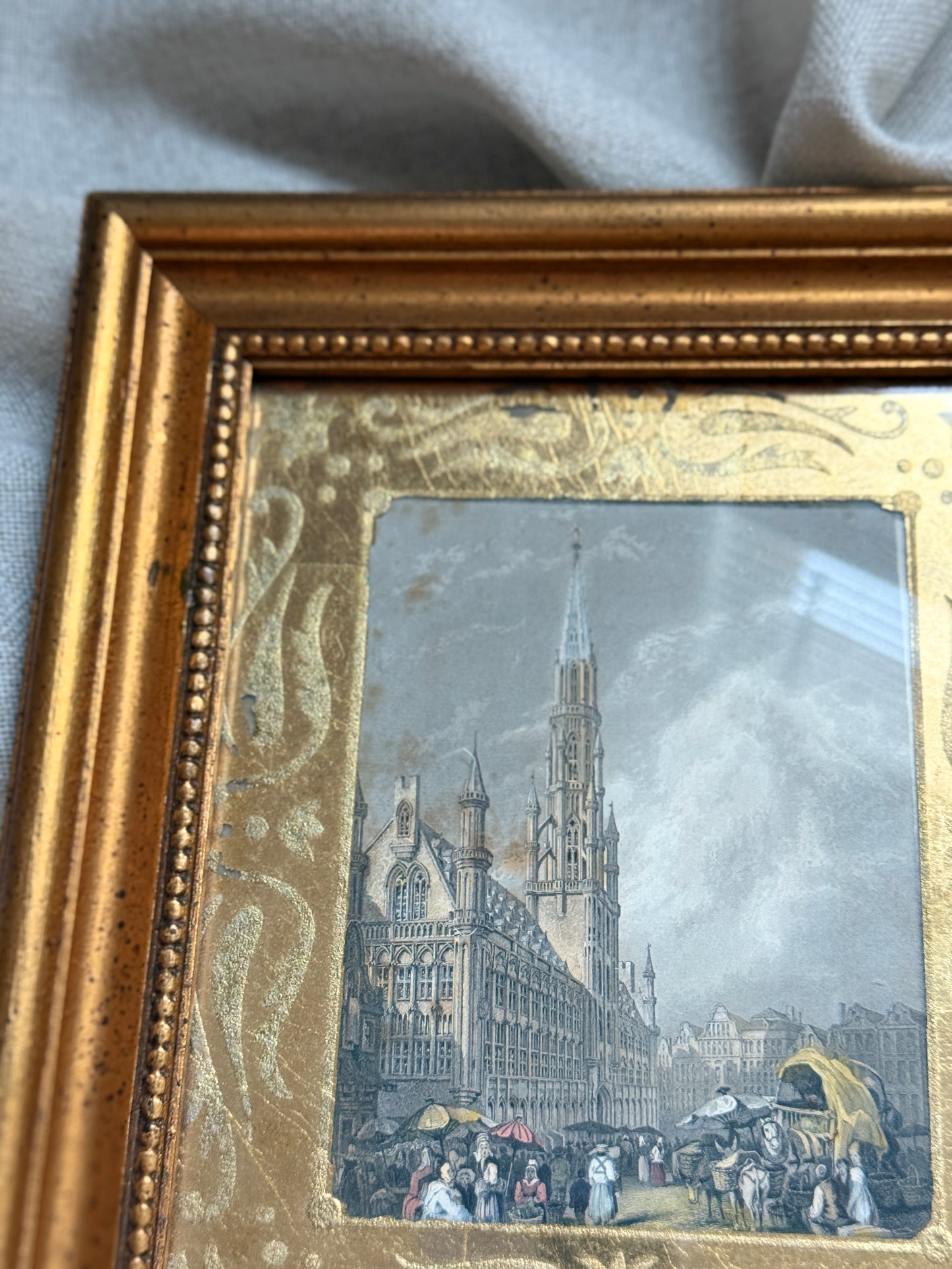 Antique-Style Framed Architecture Print | Gilt Frame with Stenciled Mat | European Street Scene