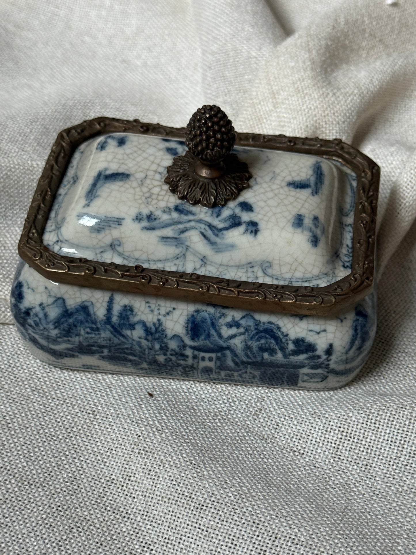 Antique Blue & White Transferware Trinket Box with Metal Mounts and Pinecone Finial