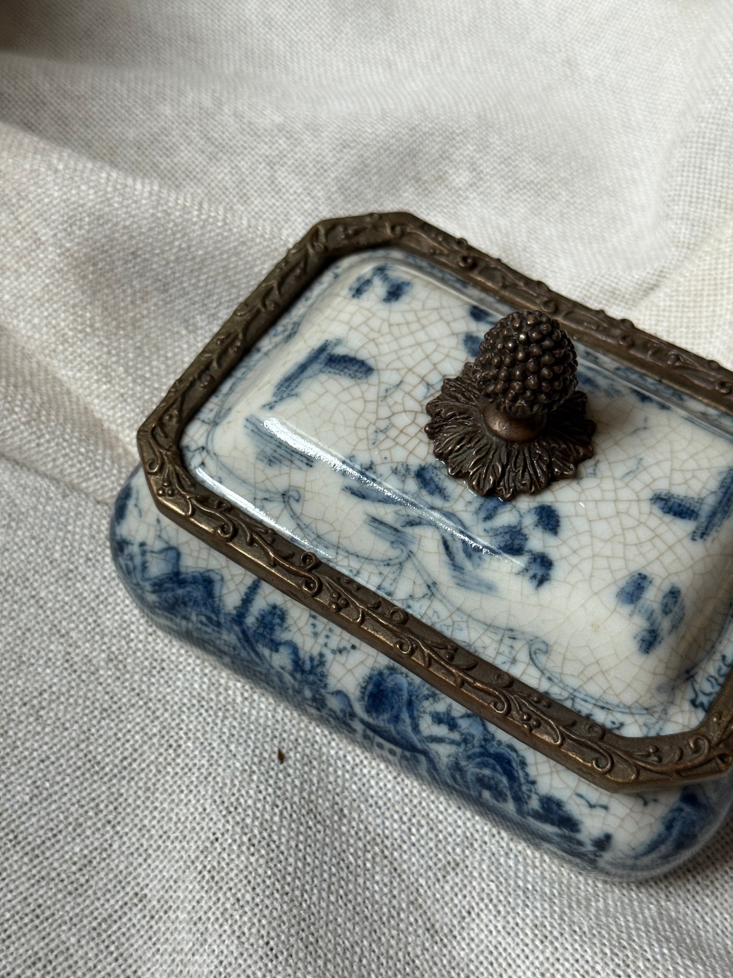 Antique Blue & White Transferware Trinket Box with Metal Mounts and Pinecone Finial