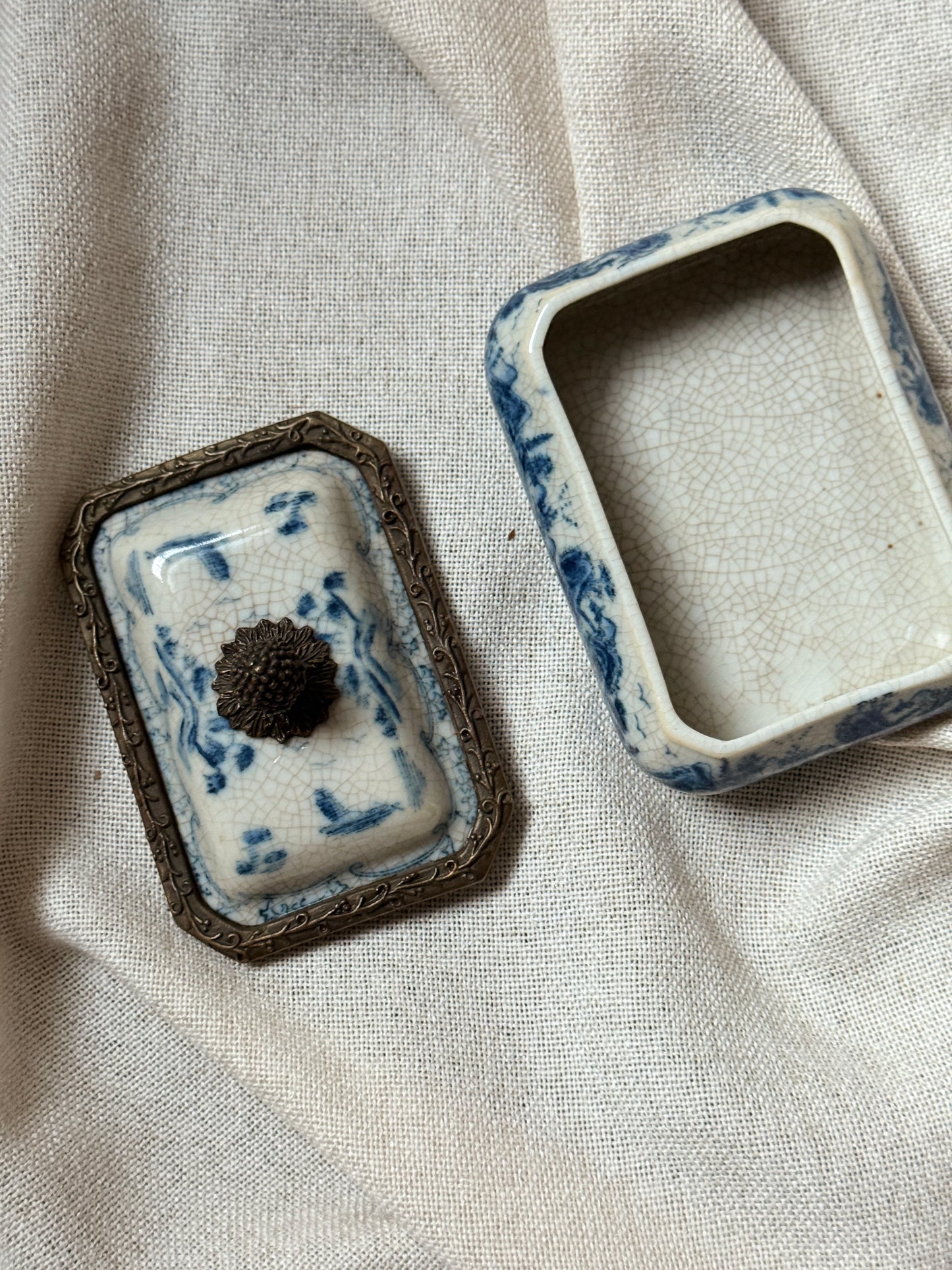 Antique Blue & White Transferware Trinket Box with Metal Mounts and Pinecone Finial