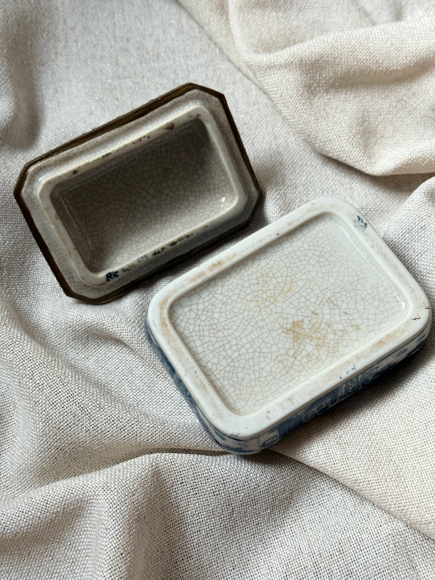 Antique Blue & White Transferware Trinket Box with Metal Mounts and Pinecone Finial