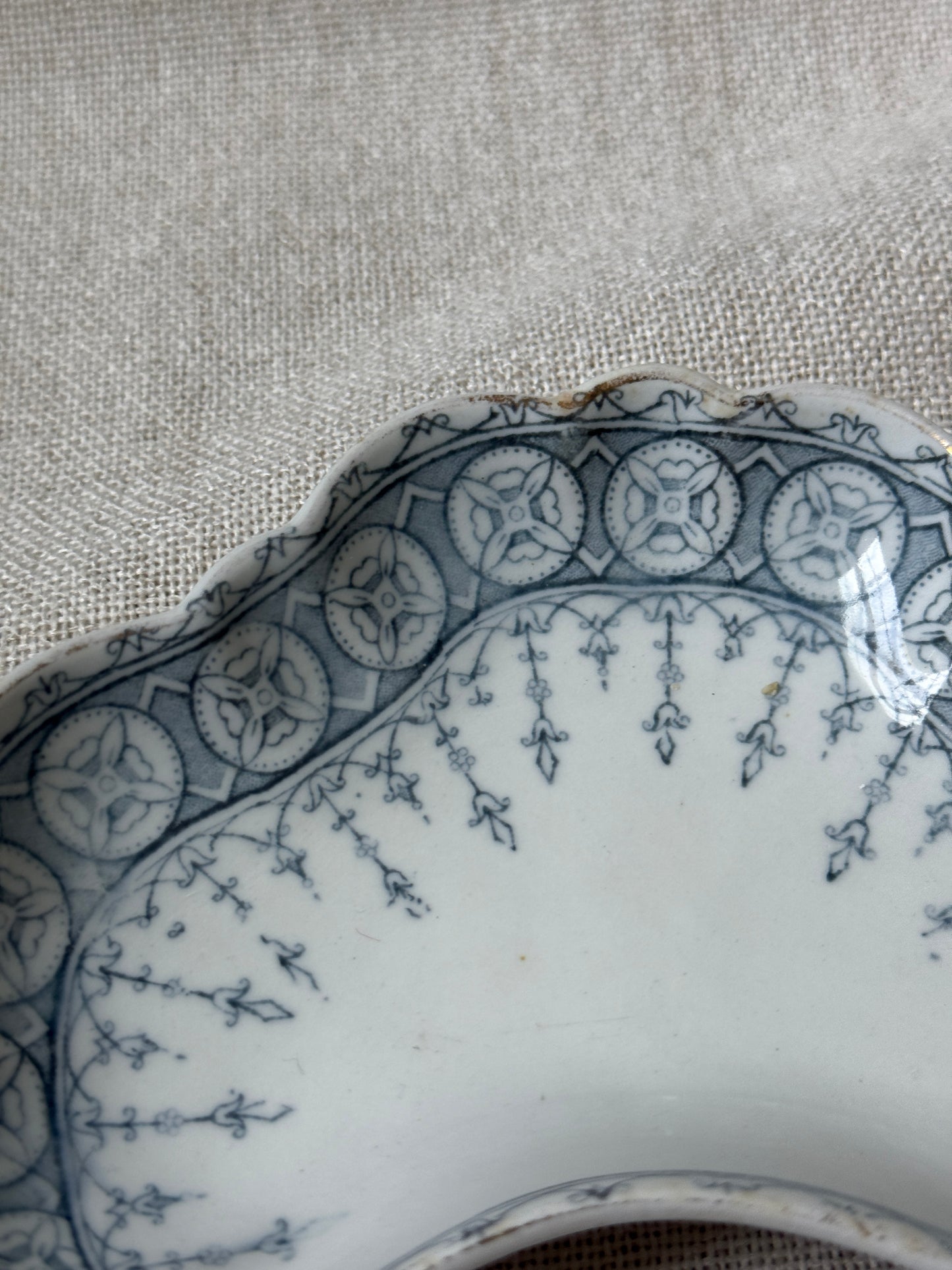 Antique John Maddock & Sons Bone Dish – Blue Transferware Floral Scroll – Royal Vitreous England