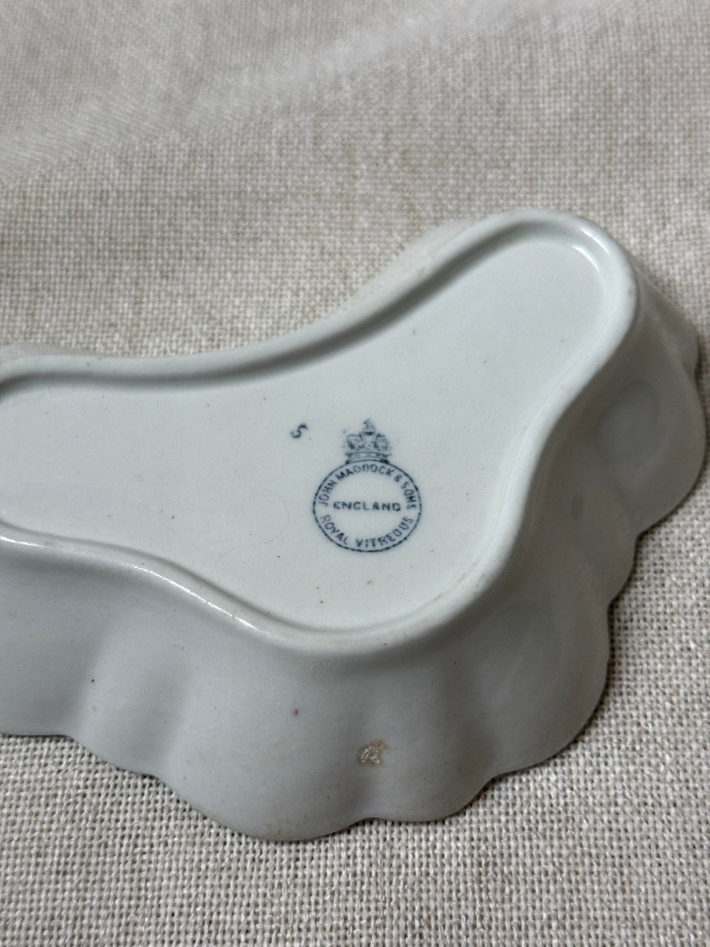 Antique John Maddock & Sons Bone Dish – Blue Transferware Floral Scroll – Royal Vitreous England