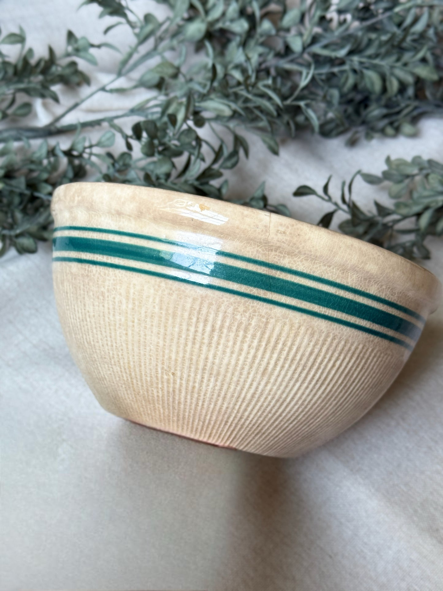 Aged Farmhouse Stoneware Bowl with Blue Band