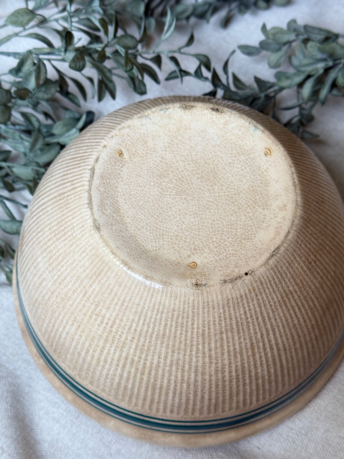Aged Farmhouse Stoneware Bowl with Blue Band