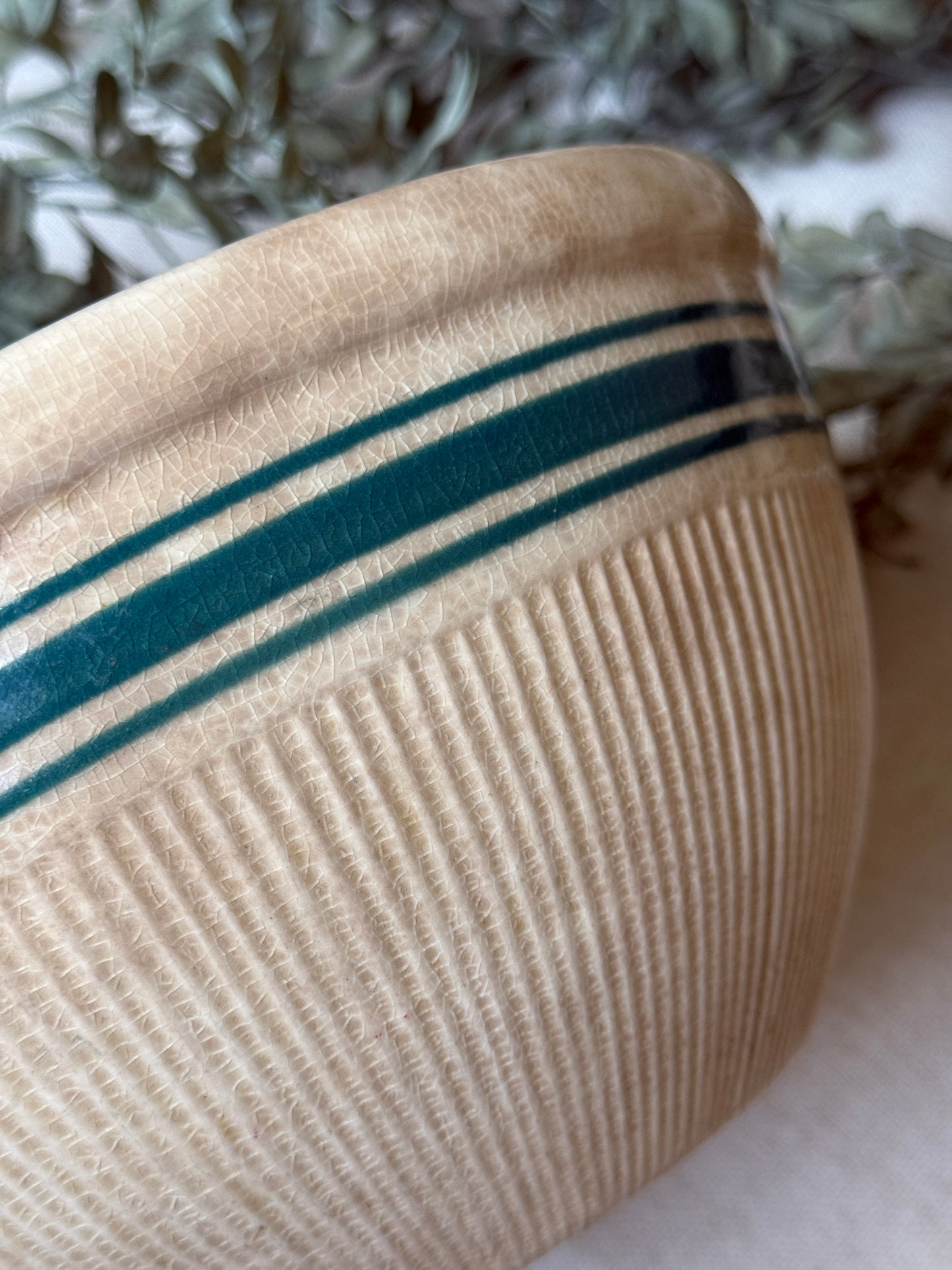 Aged Farmhouse Stoneware Bowl with Blue Band