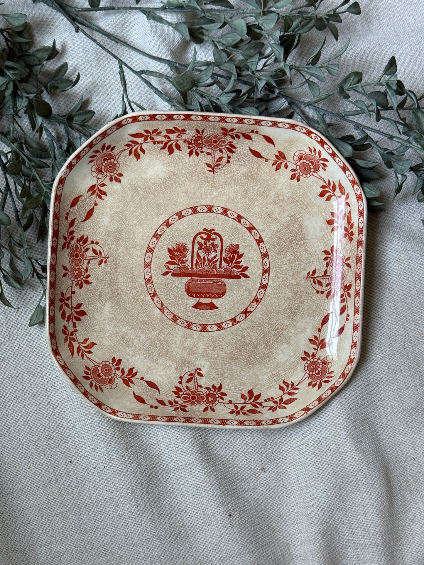 Antique Minton "Delft" Red Transferware Plate | Octagonal Floral Basket | England, Early 1900s