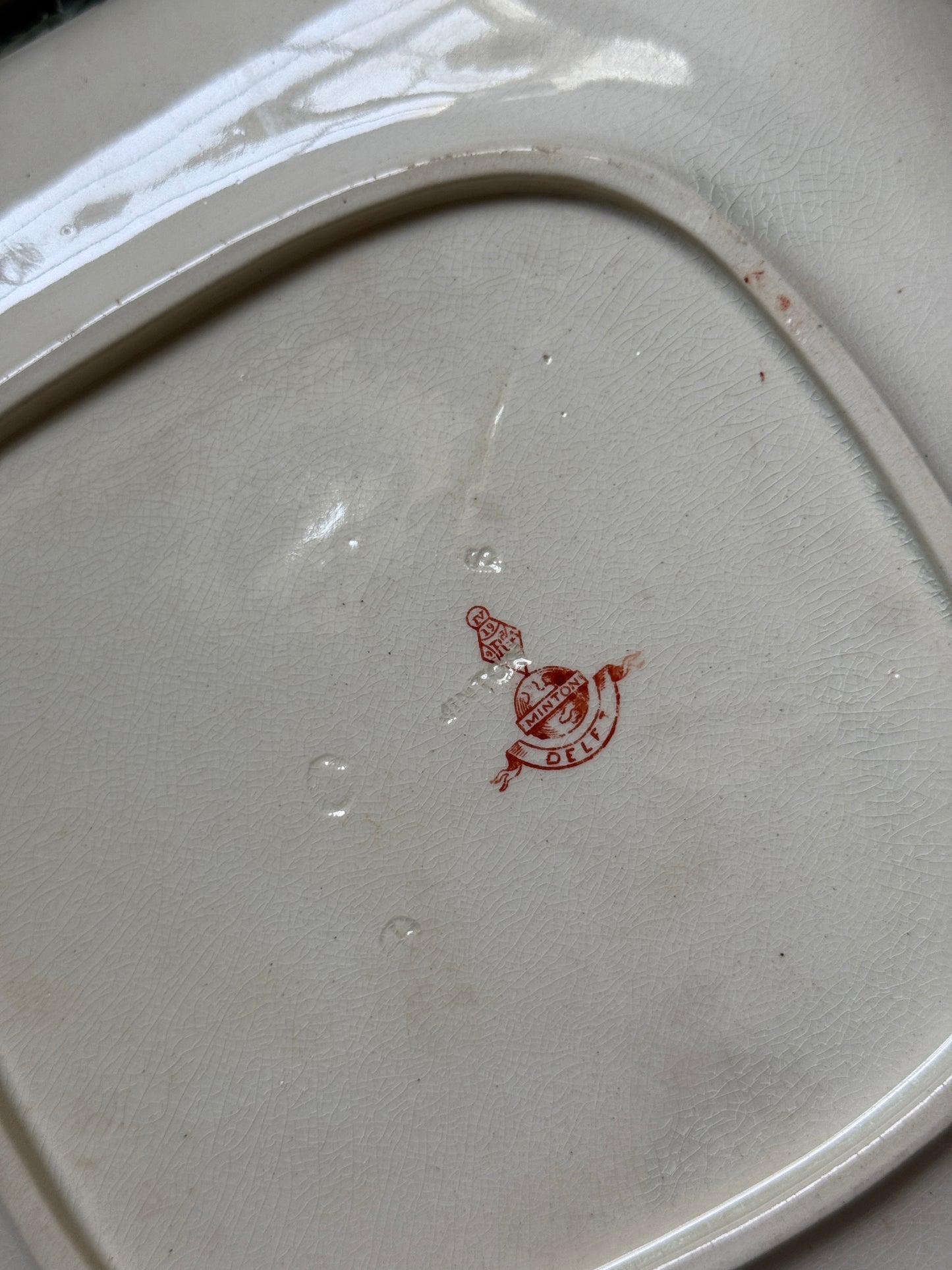 Antique Minton "Delft" Red Transferware Plate | Octagonal Floral Basket | England, Early 1900s