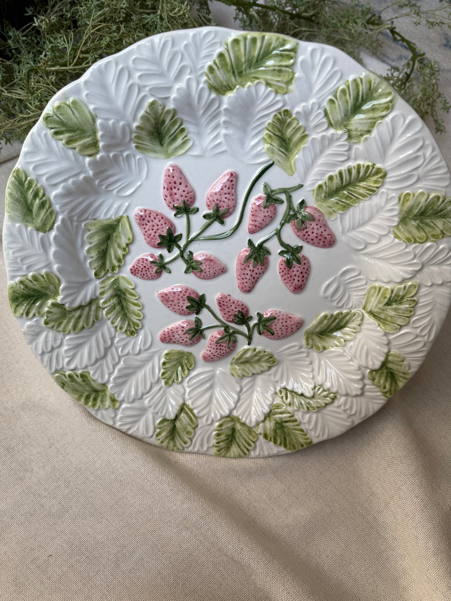 Vintage Strawberry Majolica Pedestal Cake Stand