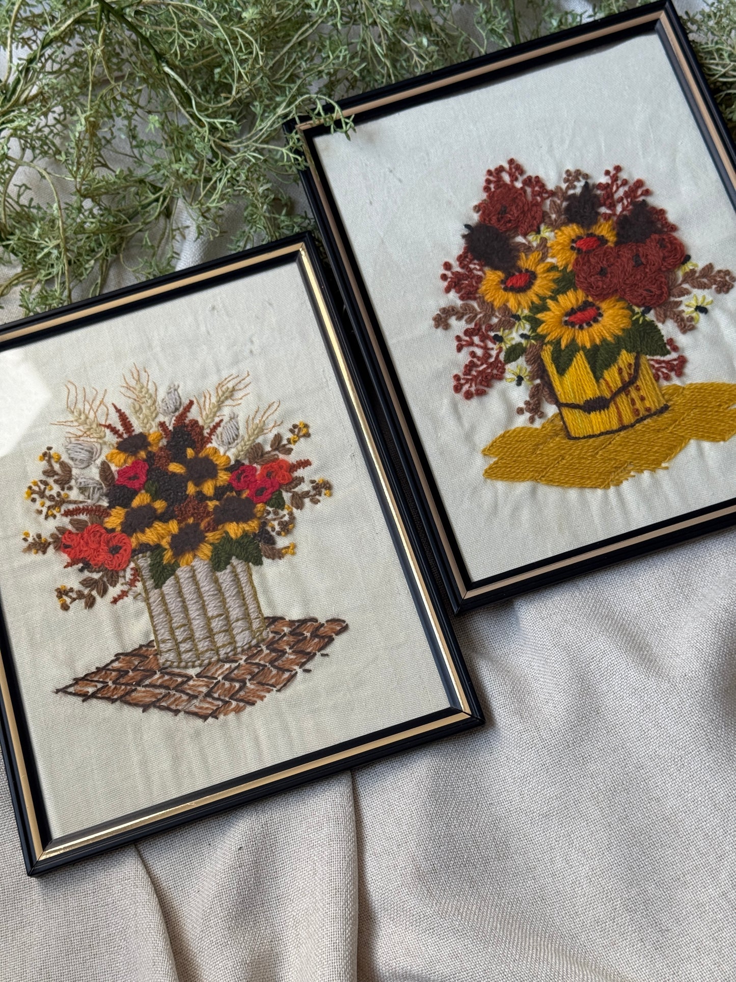 Vintage Framed Floral Crewel Embroidery | Fall Sunflowers & Poppies | Individual or Bundle