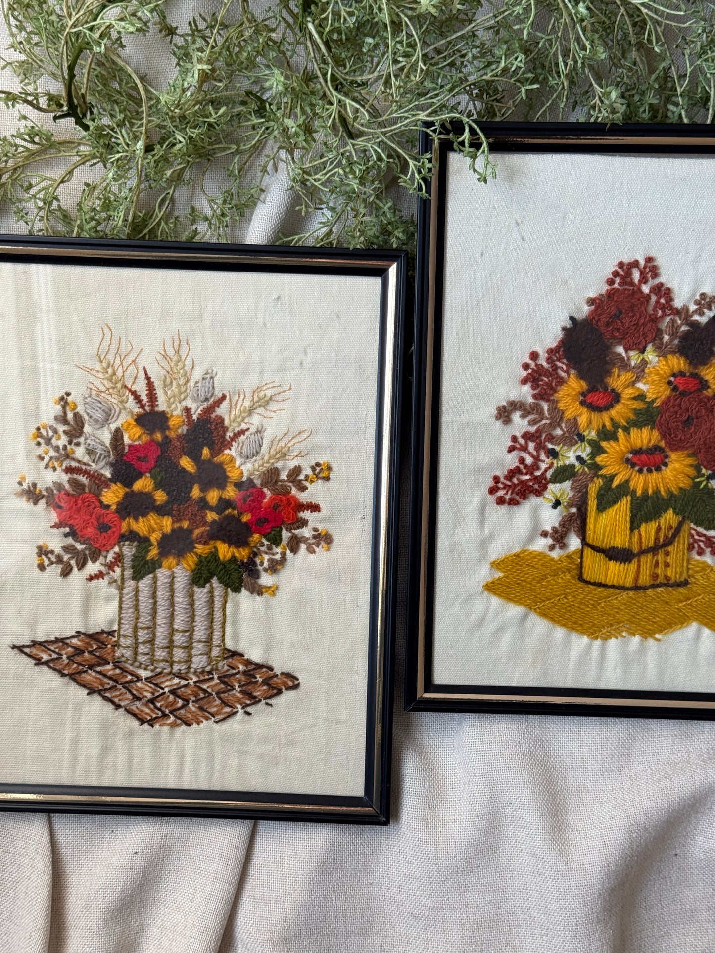 Vintage Framed Floral Crewel Embroidery | Fall Sunflowers & Poppies | Individual or Bundle