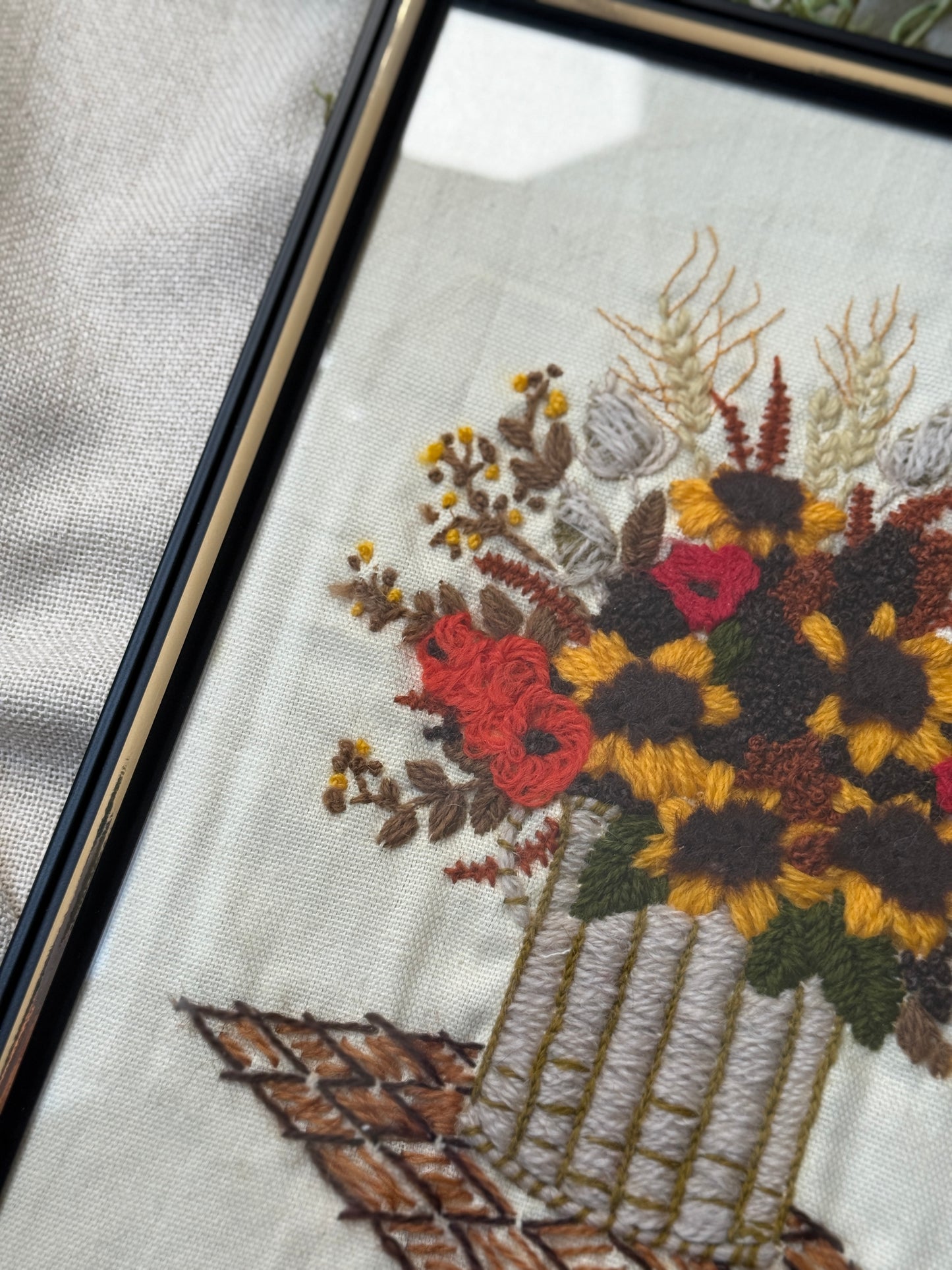 Vintage Framed Floral Crewel Embroidery | Fall Sunflowers & Poppies | Individual or Bundle