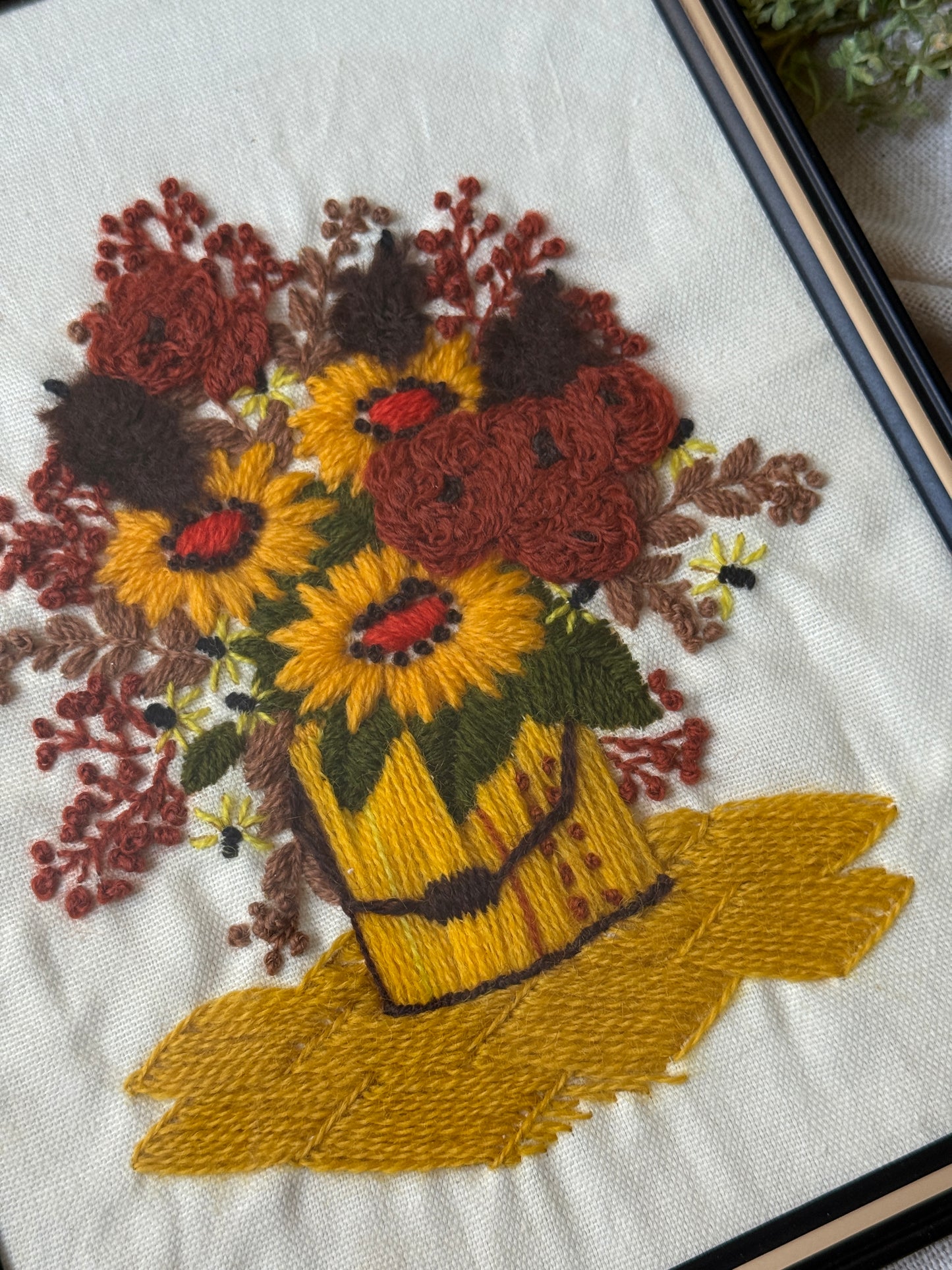 Vintage Framed Floral Crewel Embroidery | Fall Sunflowers & Poppies | Individual or Bundle