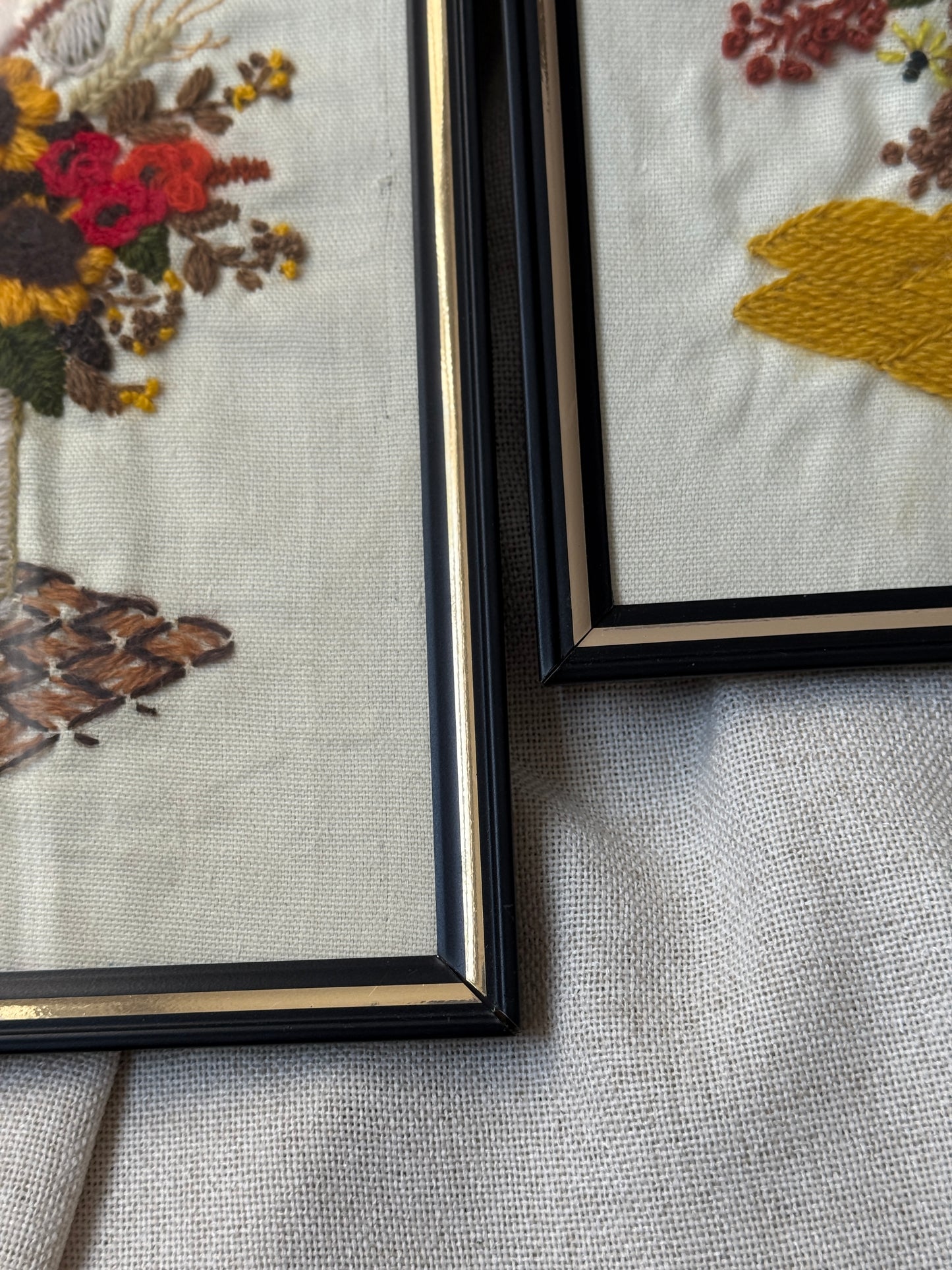 Vintage Framed Floral Crewel Embroidery | Fall Sunflowers & Poppies | Individual or Bundle