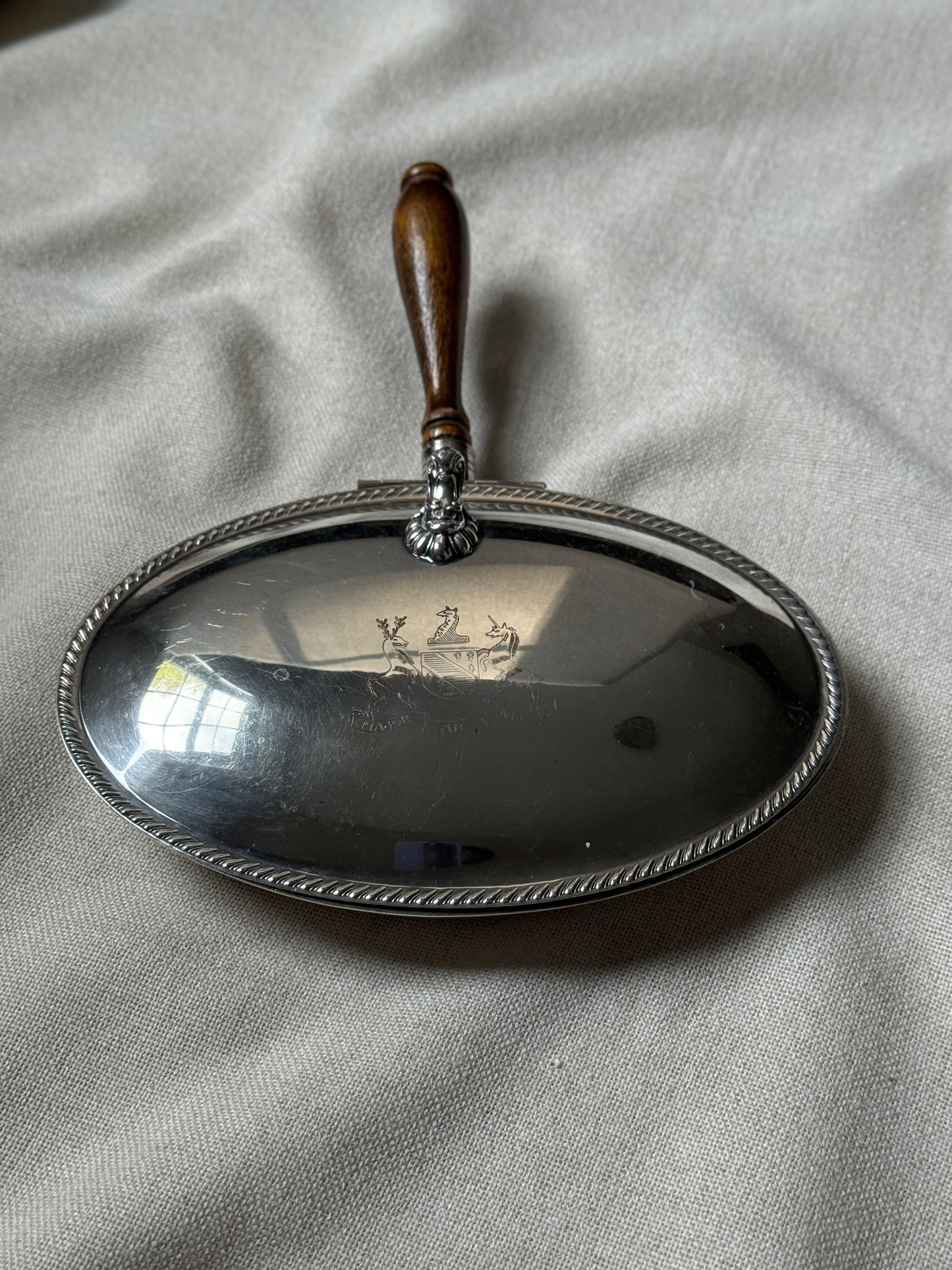 Vintage Silverplate Silent Butler with Wooden Handle | Heraldic Crest & Lion Mask Detail