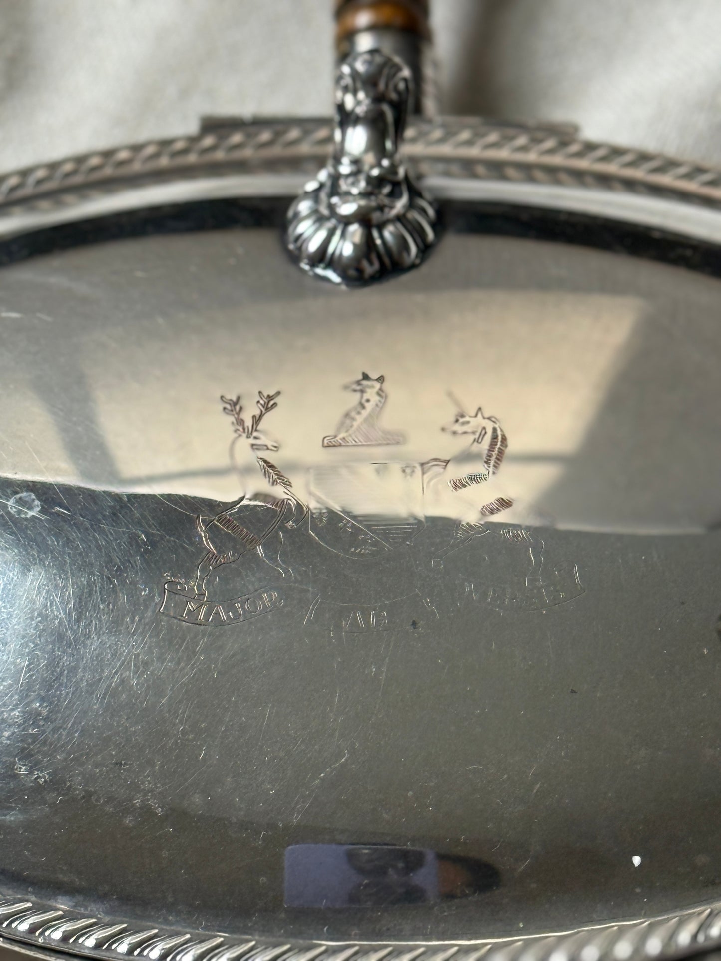 Vintage Silverplate Silent Butler with Wooden Handle | Heraldic Crest & Lion Mask Detail
