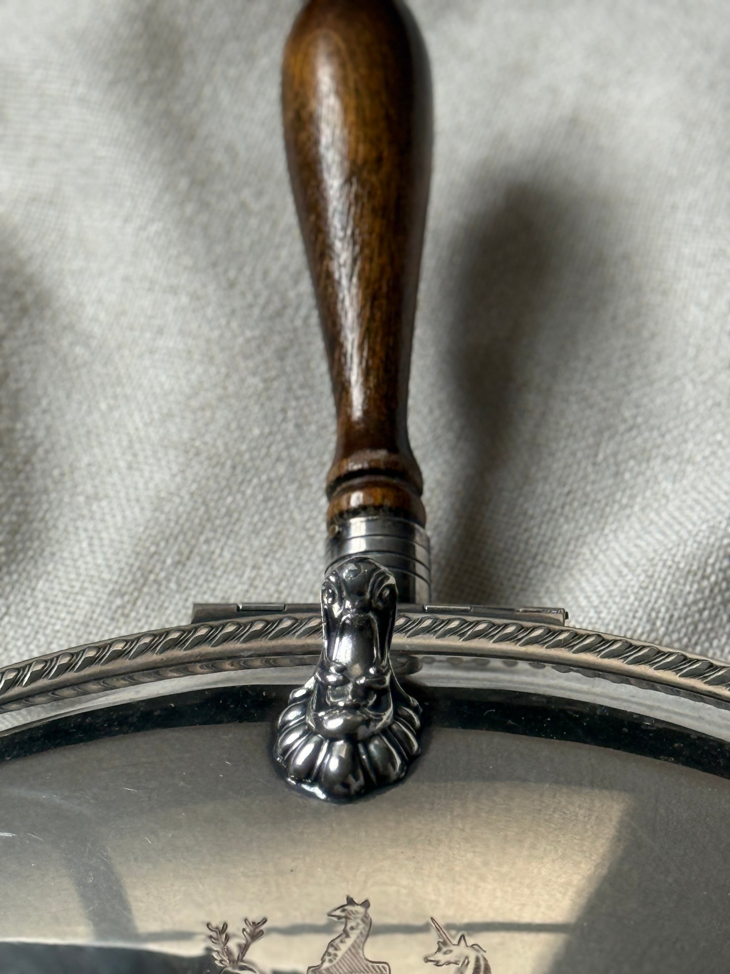 Vintage Silverplate Silent Butler with Wooden Handle | Heraldic Crest & Lion Mask Detail