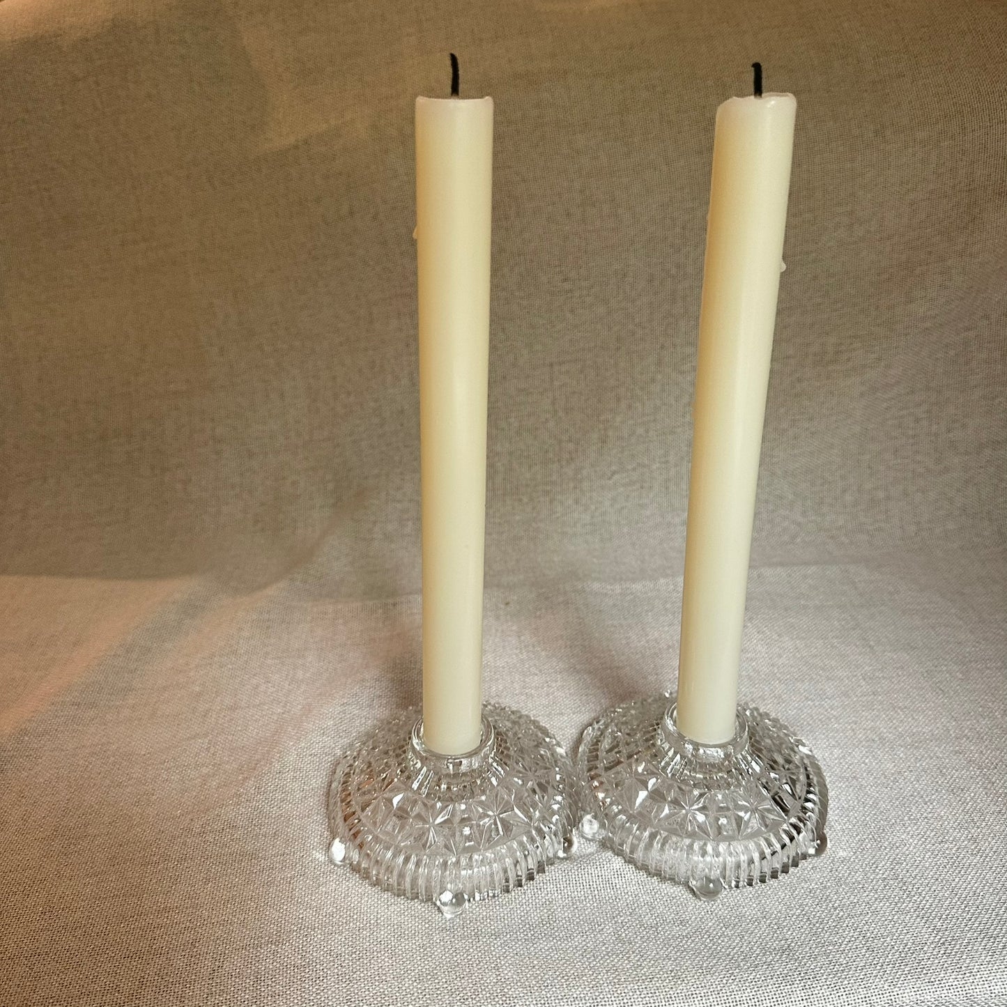 Clear Pressed Glass Candle Holders (Set of 2) | Vintage Starburst Design, Three-Toed Base (Mid-Century)