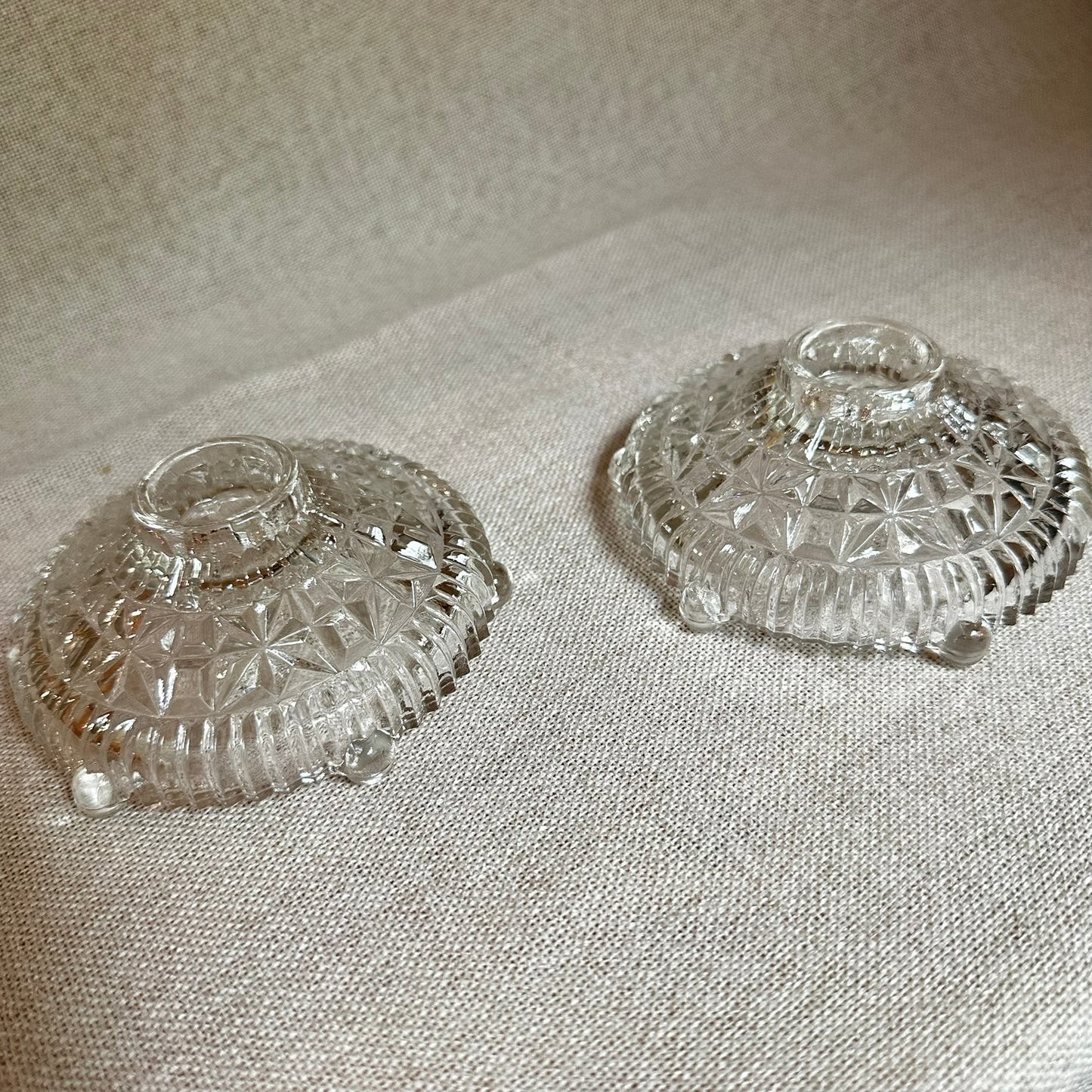 Clear Pressed Glass Candle Holders (Set of 2) | Vintage Starburst Design, Three-Toed Base (Mid-Century)