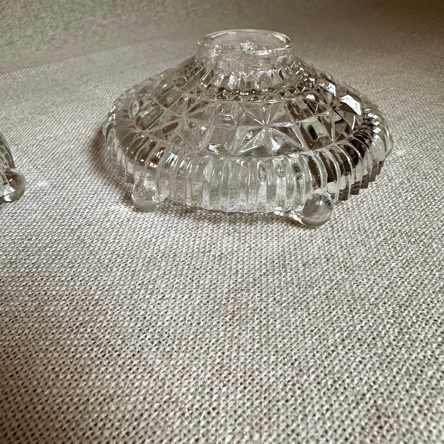 Clear Pressed Glass Candle Holders (Set of 2) | Vintage Starburst Design, Three-Toed Base (Mid-Century)