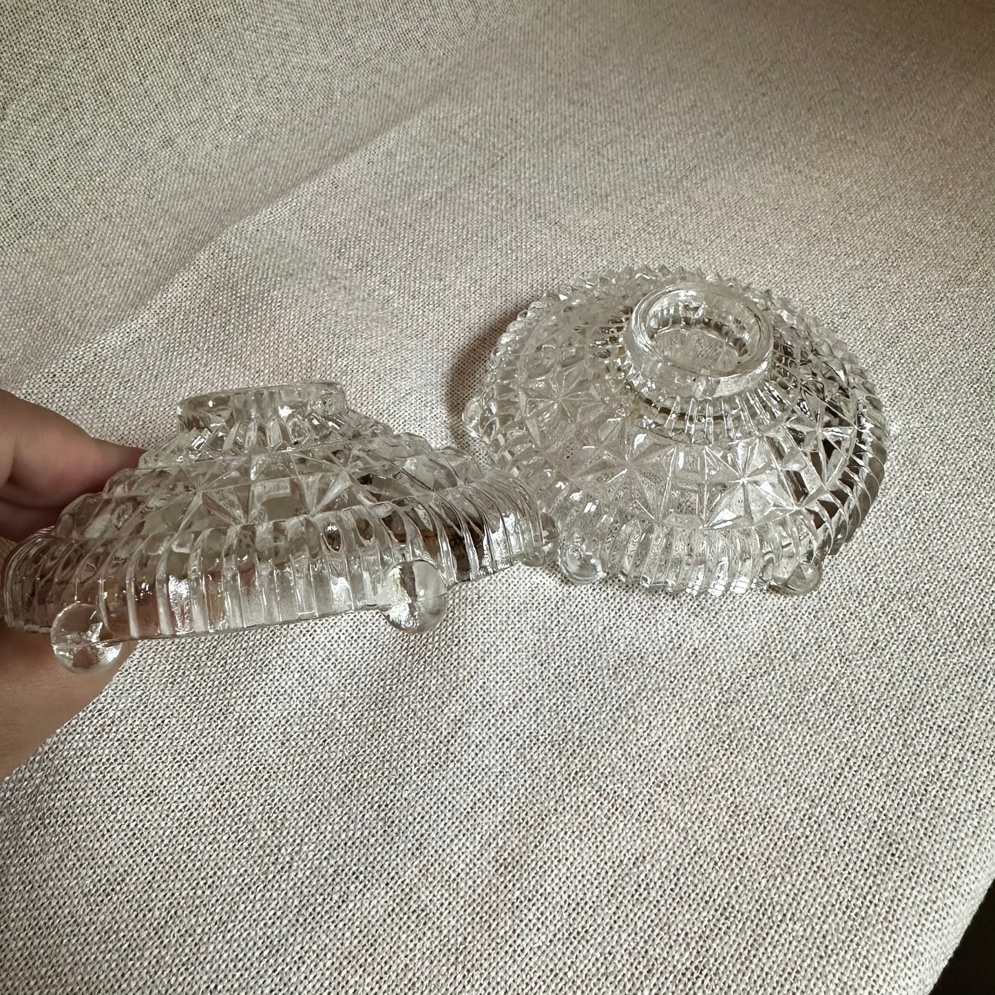 Clear Pressed Glass Candle Holders (Set of 2) | Vintage Starburst Design, Three-Toed Base (Mid-Century)