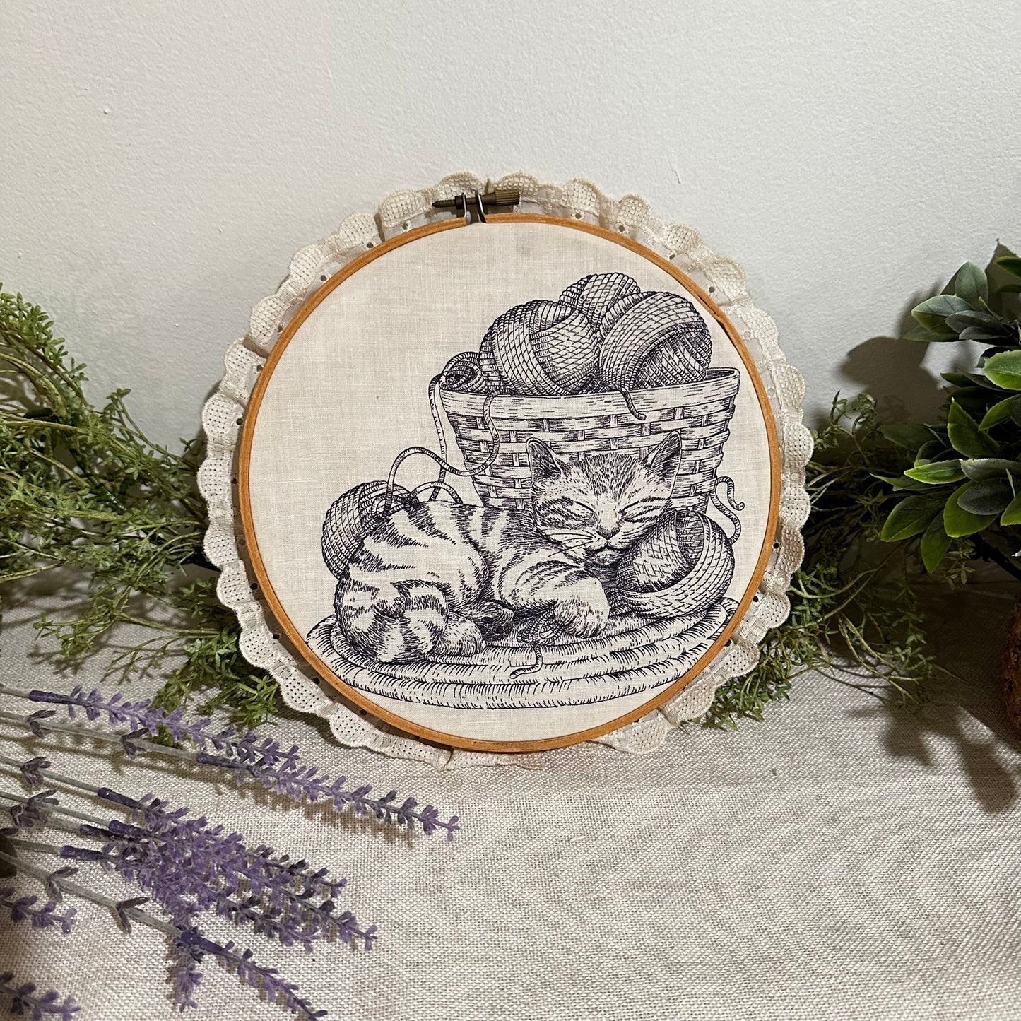 Vintage Printed Cat Fabric in Embroidery Hoop with Lace Trim – Not Stitched