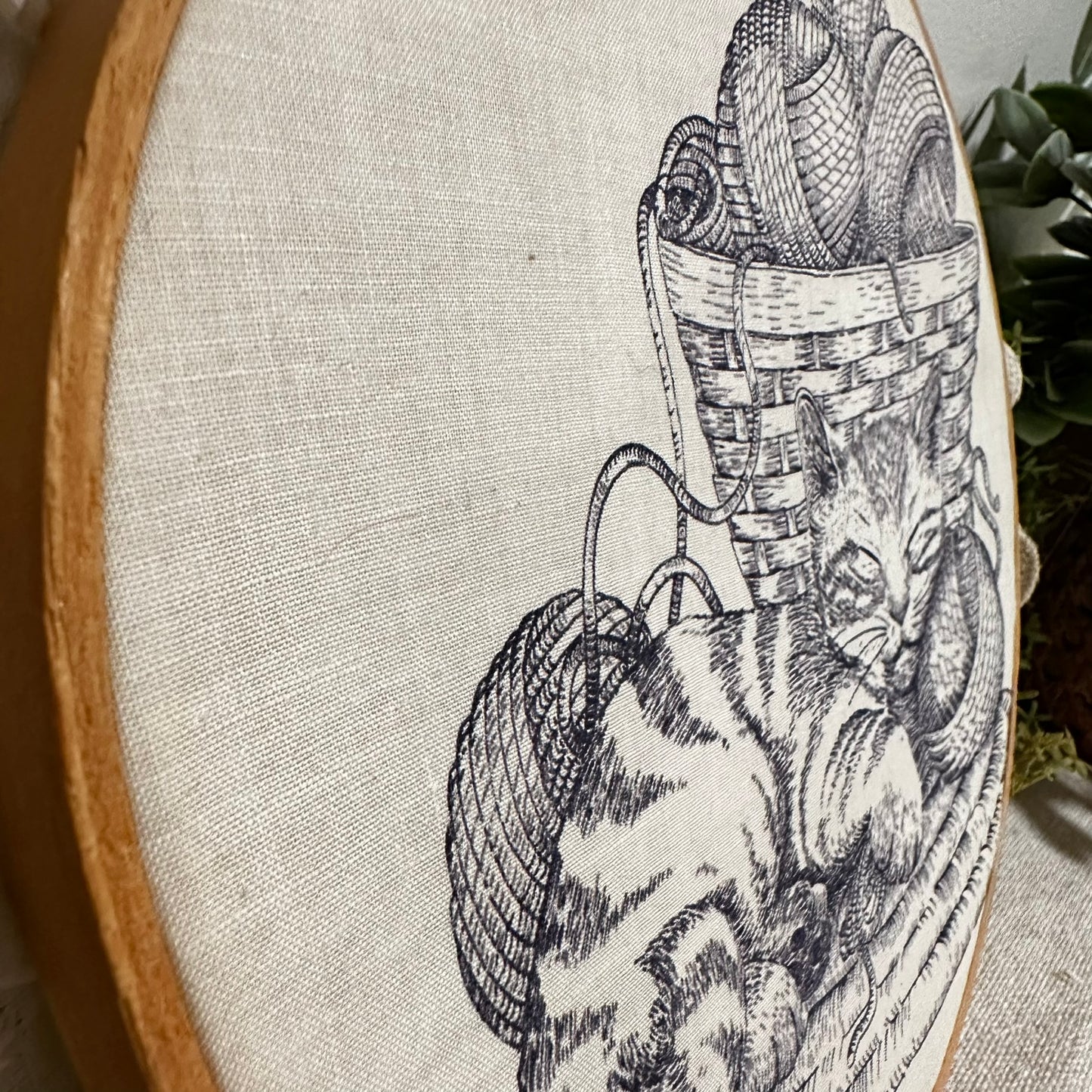 Vintage Printed Cat Fabric in Embroidery Hoop with Lace Trim – Not Stitched