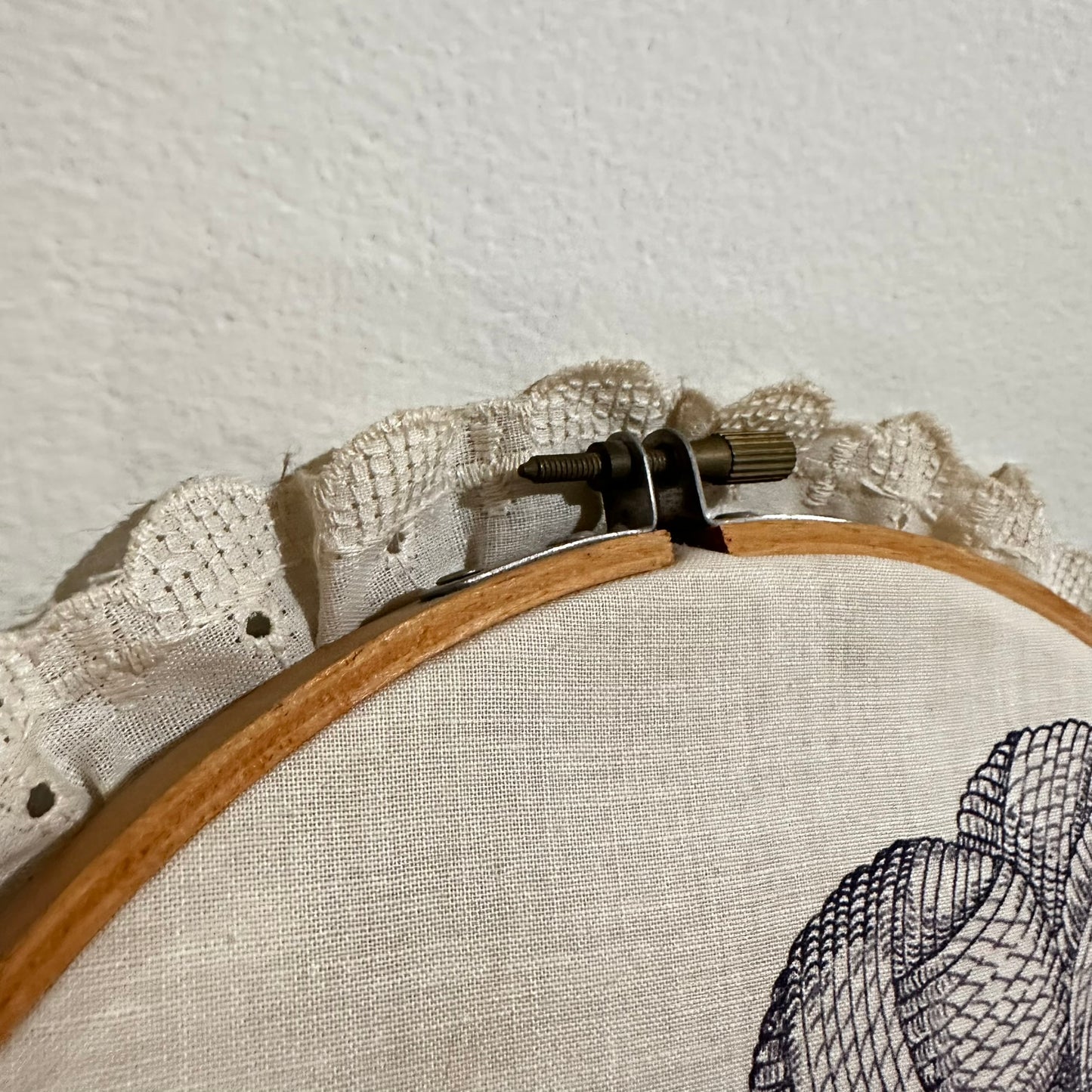 Vintage Printed Cat Fabric in Embroidery Hoop with Lace Trim – Not Stitched