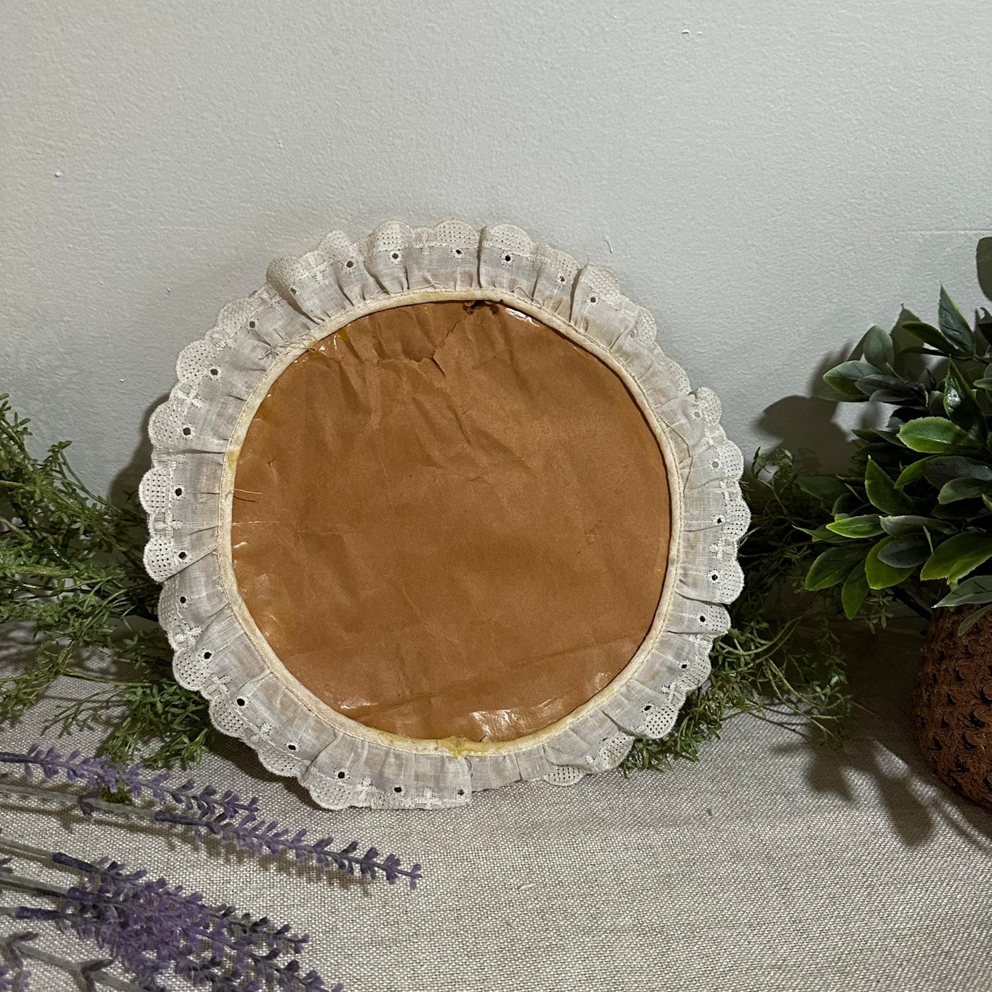 Vintage Printed Cat Fabric in Embroidery Hoop with Lace Trim – Not Stitched