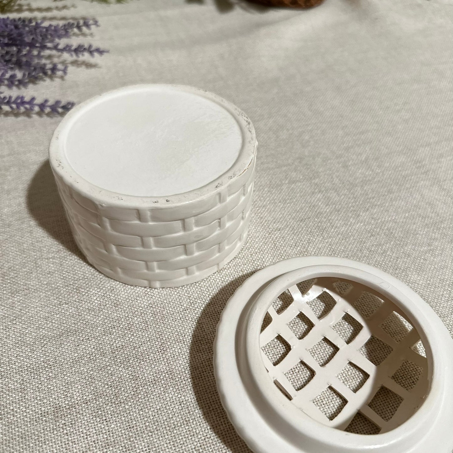 Vintage White Ceramic Basketweave Trinket Box | Pie-Shaped Top
