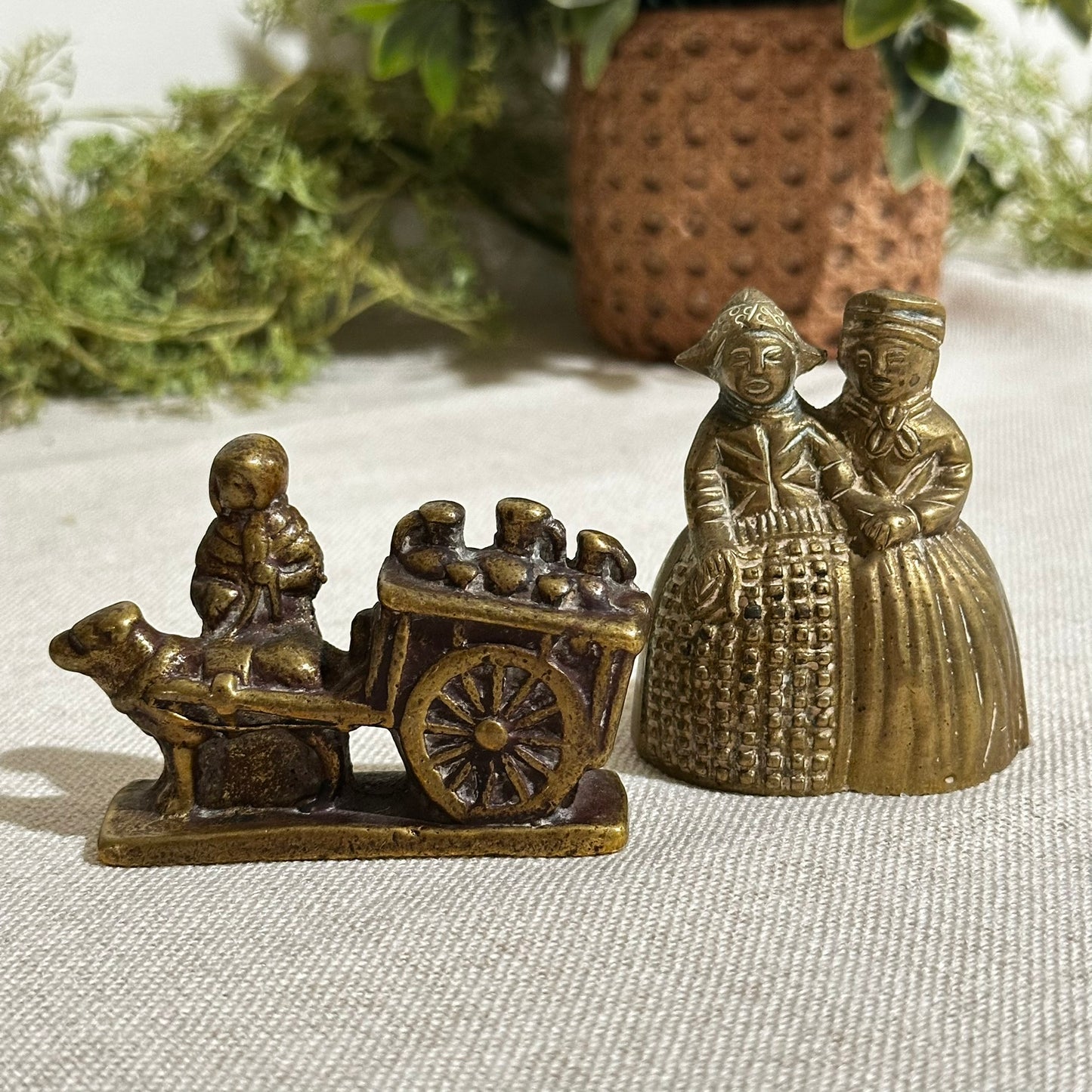 Vintage Brass Figurine Set – Girl with Dog Cart & Dutch Couple Bell | Set of 2