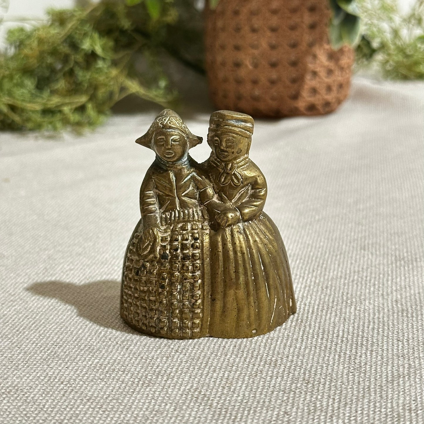 Vintage Brass Figurine Set – Girl with Dog Cart & Dutch Couple Bell | Set of 2