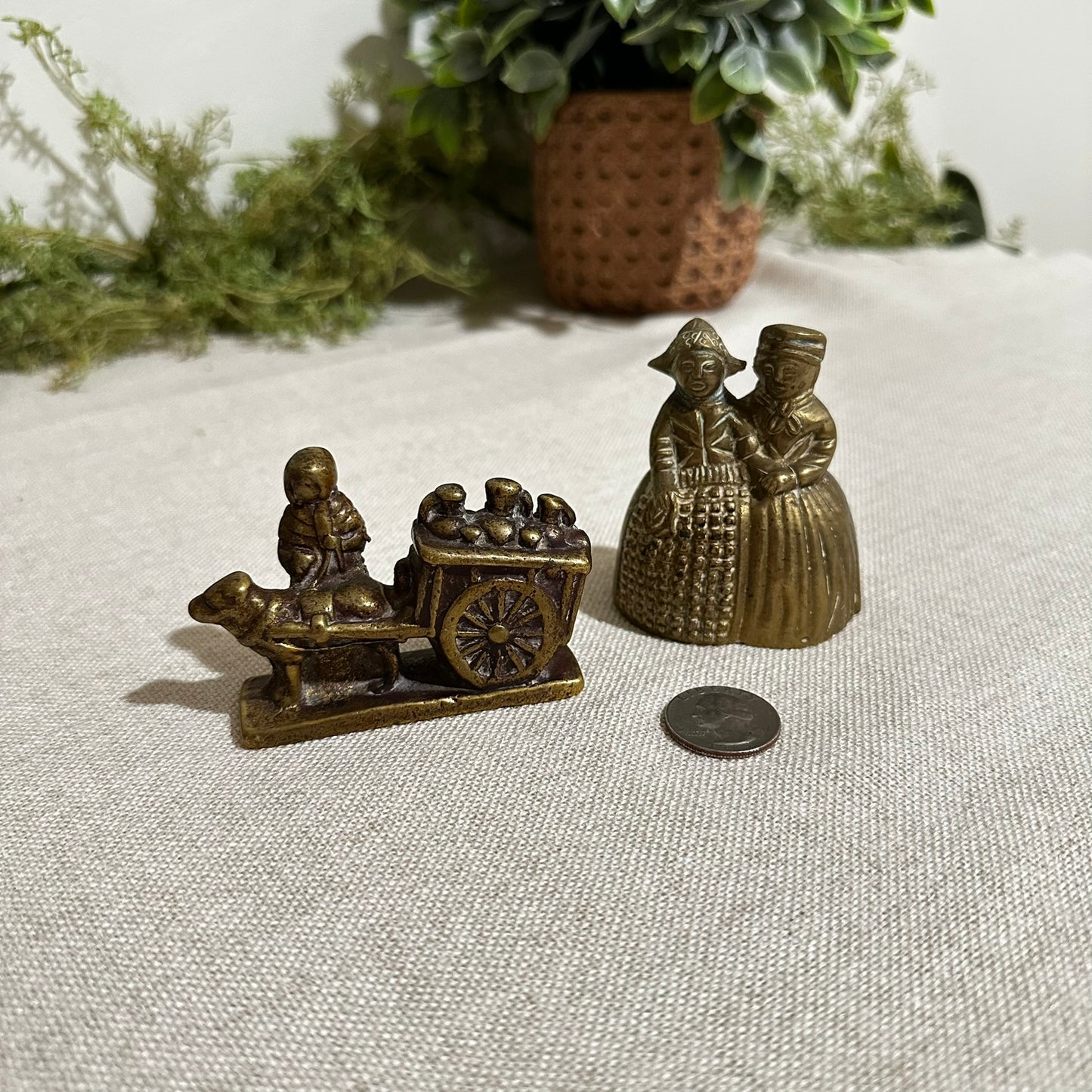 Vintage Brass Figurine Set – Girl with Dog Cart & Dutch Couple Bell | Set of 2