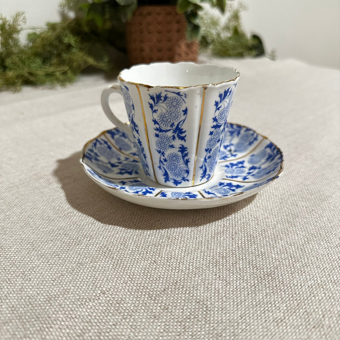 Antique Blue & White T&R Fluted Teacup & Saucer | Chrysanthemum Motif with Gold Trim