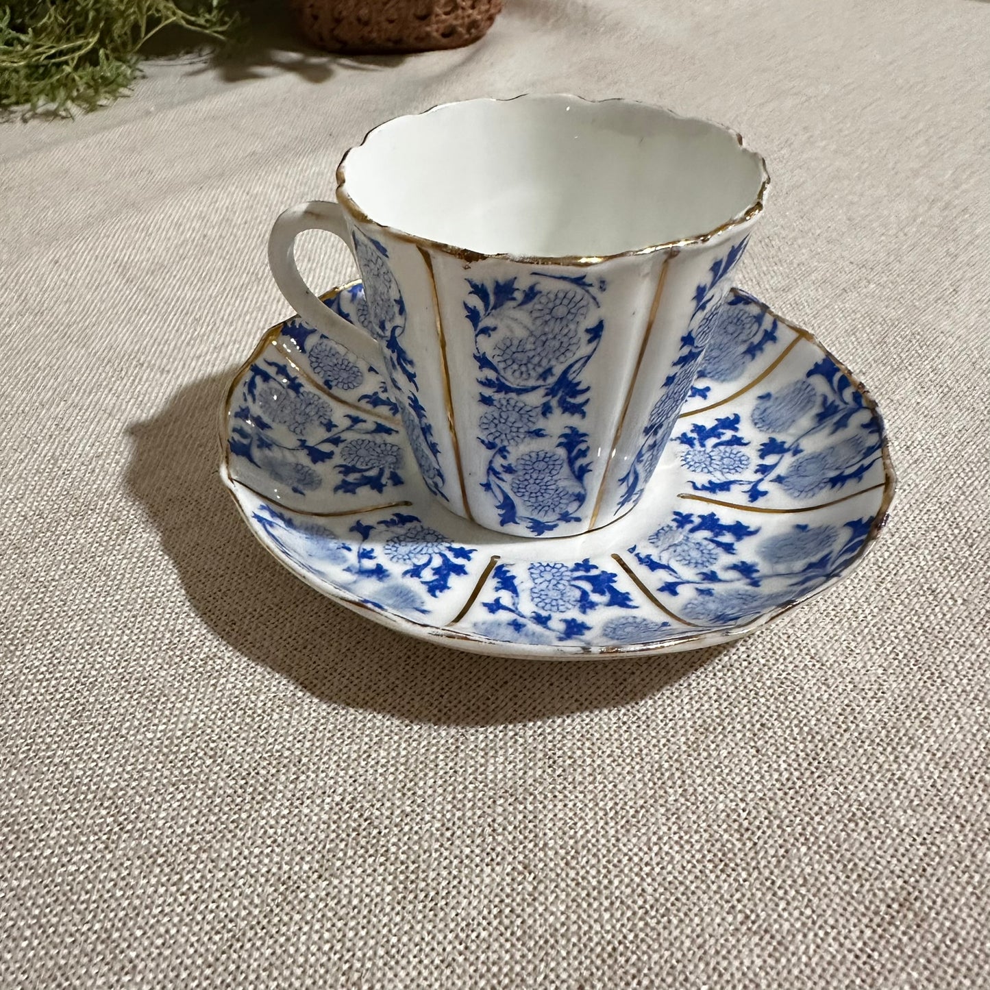 Antique Blue & White T&R Fluted Teacup & Saucer | Chrysanthemum Motif with Gold Trim