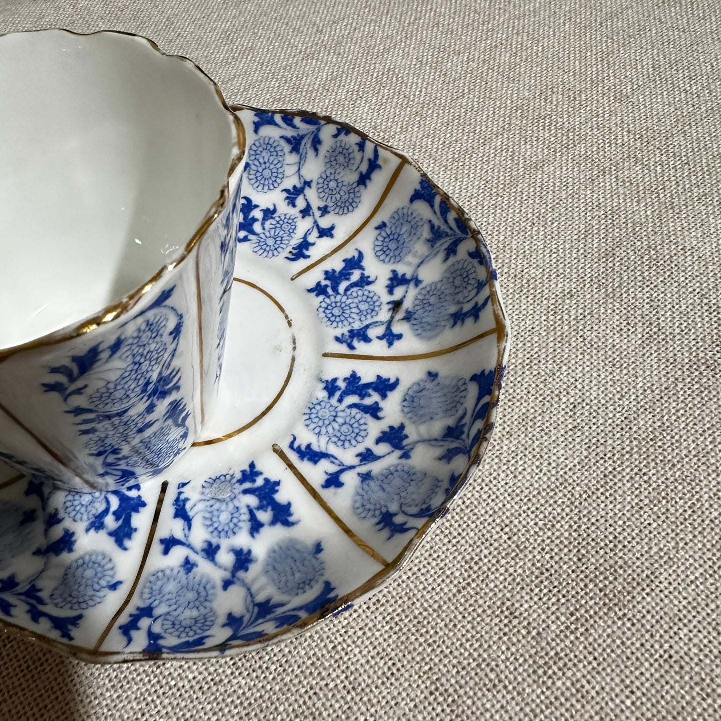 Antique Blue & White T&R Fluted Teacup & Saucer | Chrysanthemum Motif with Gold Trim