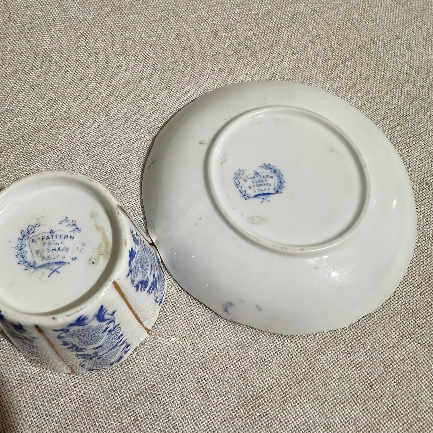 Antique Blue & White T&R Fluted Teacup & Saucer | Chrysanthemum Motif with Gold Trim