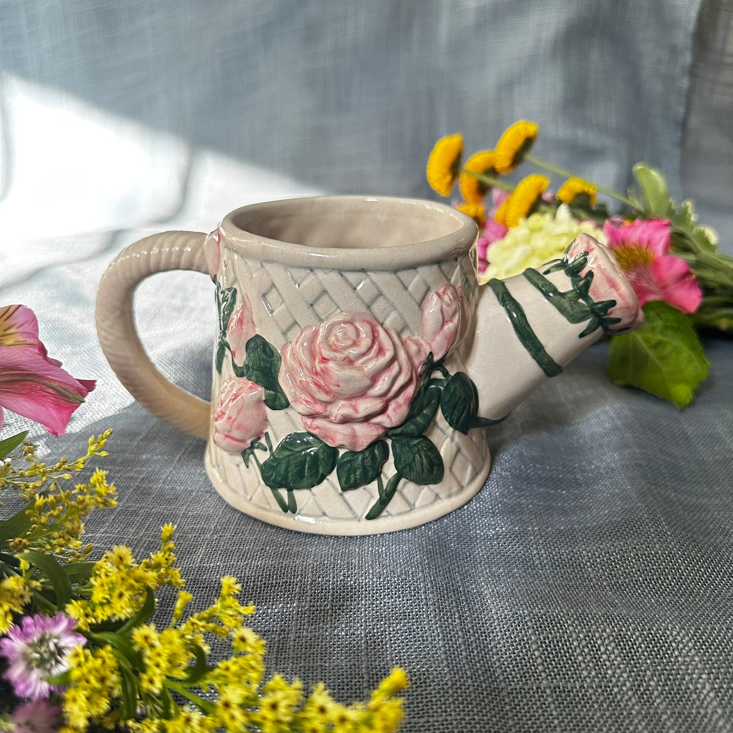 Vintage New Looks Ceramic Watering Can Planter | Pink Roses & Trellis Pattern