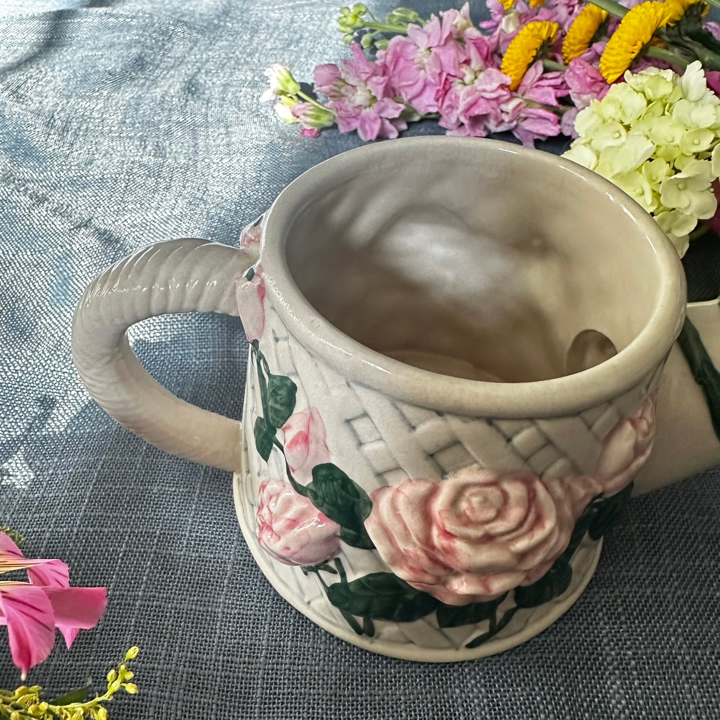 Vintage New Looks Ceramic Watering Can Planter | Pink Roses & Trellis Pattern