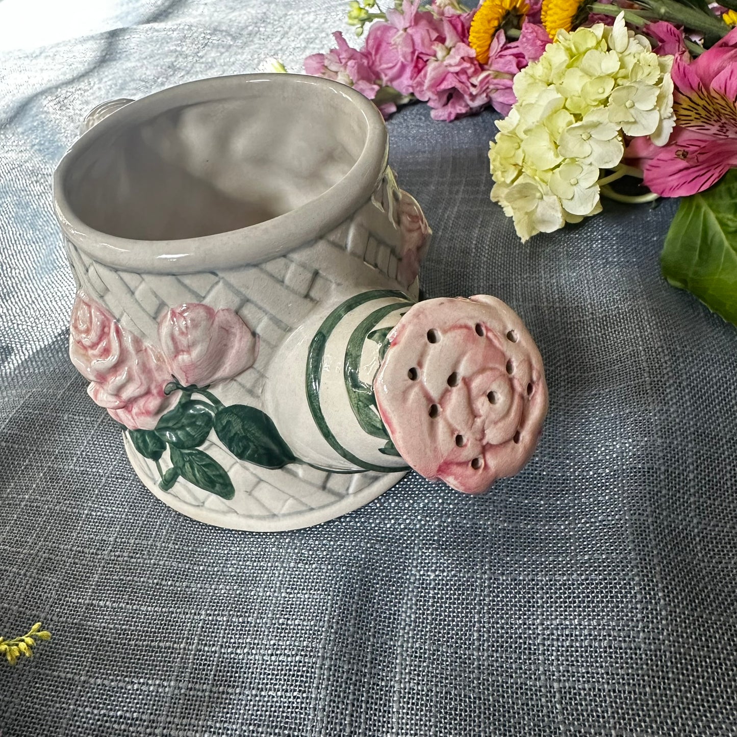 Vintage New Looks Ceramic Watering Can Planter | Pink Roses & Trellis Pattern