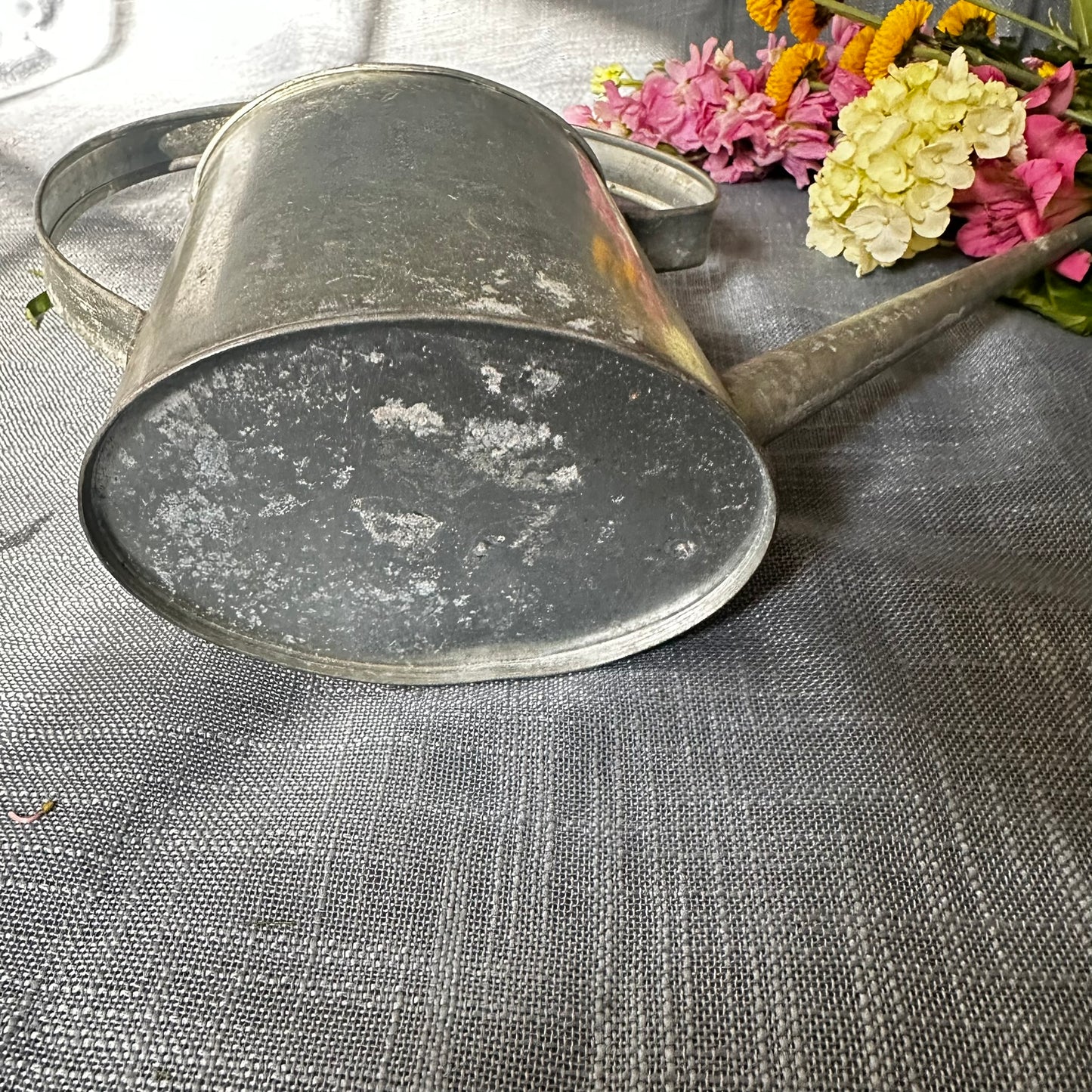 Vintage Galvanized Metal Watering Can with Arched Handle
