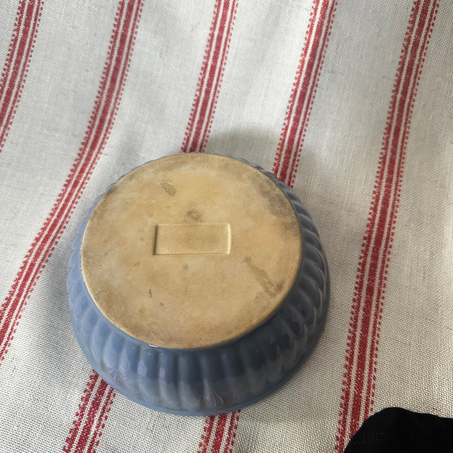 Vintage Blue Glazed Stoneware Bowl with Ribbed Sides & Crazed Cream Interior