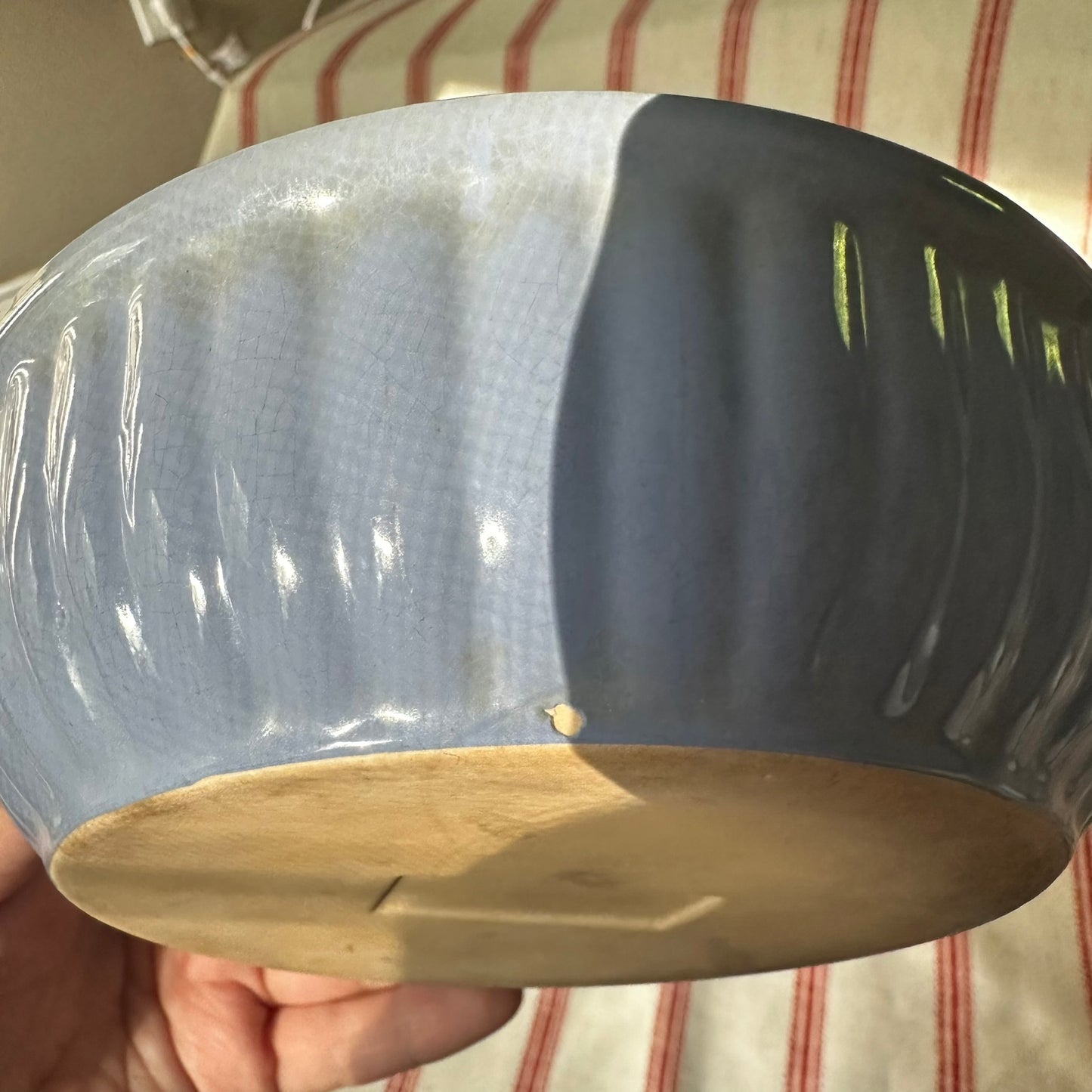 Vintage Blue Glazed Stoneware Bowl with Ribbed Sides & Crazed Cream Interior