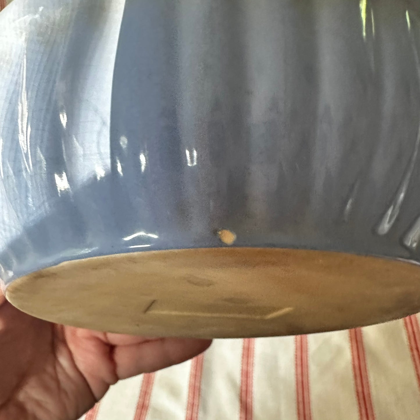 Vintage Blue Glazed Stoneware Bowl with Ribbed Sides & Crazed Cream Interior
