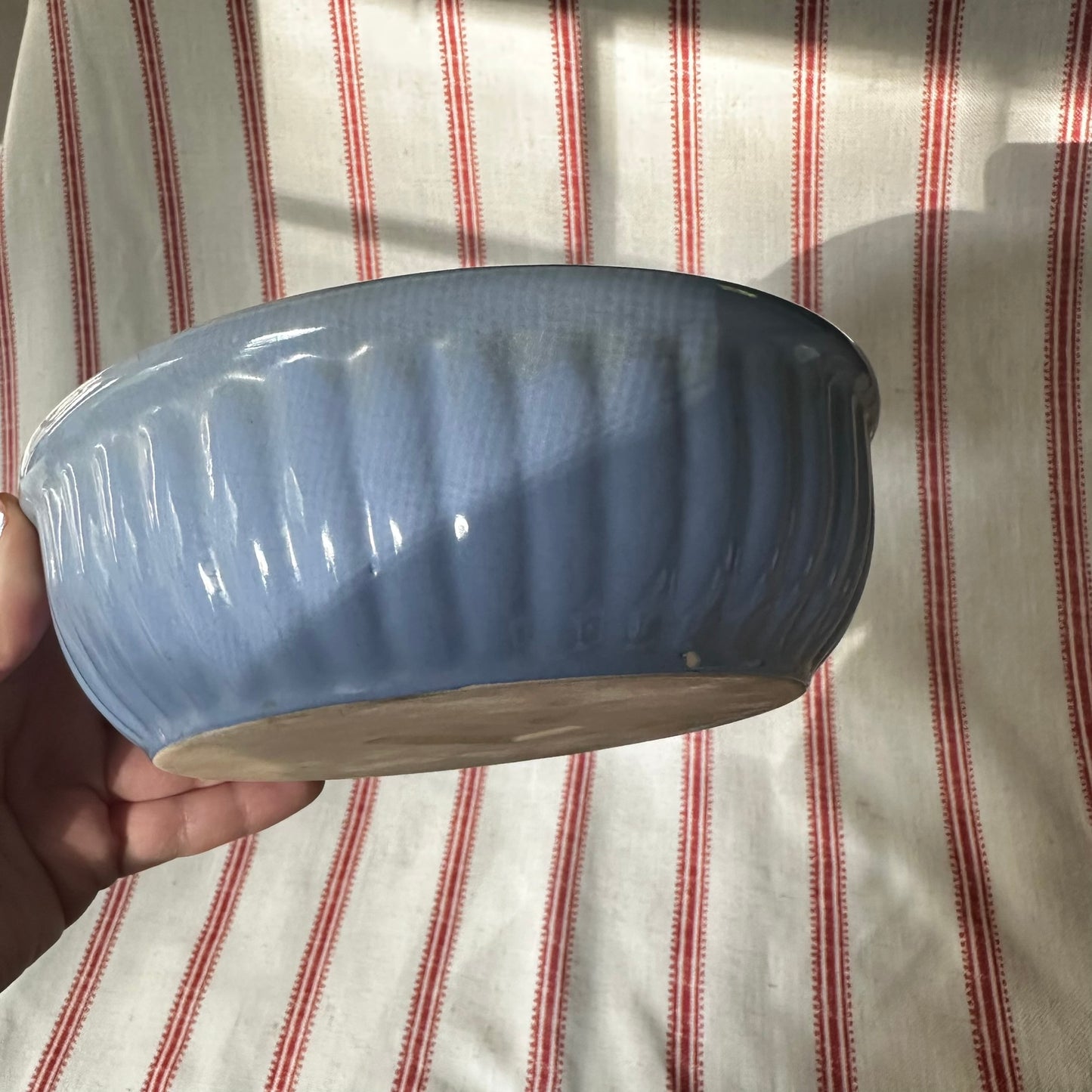 Vintage Blue Glazed Stoneware Bowl with Ribbed Sides & Crazed Cream Interior