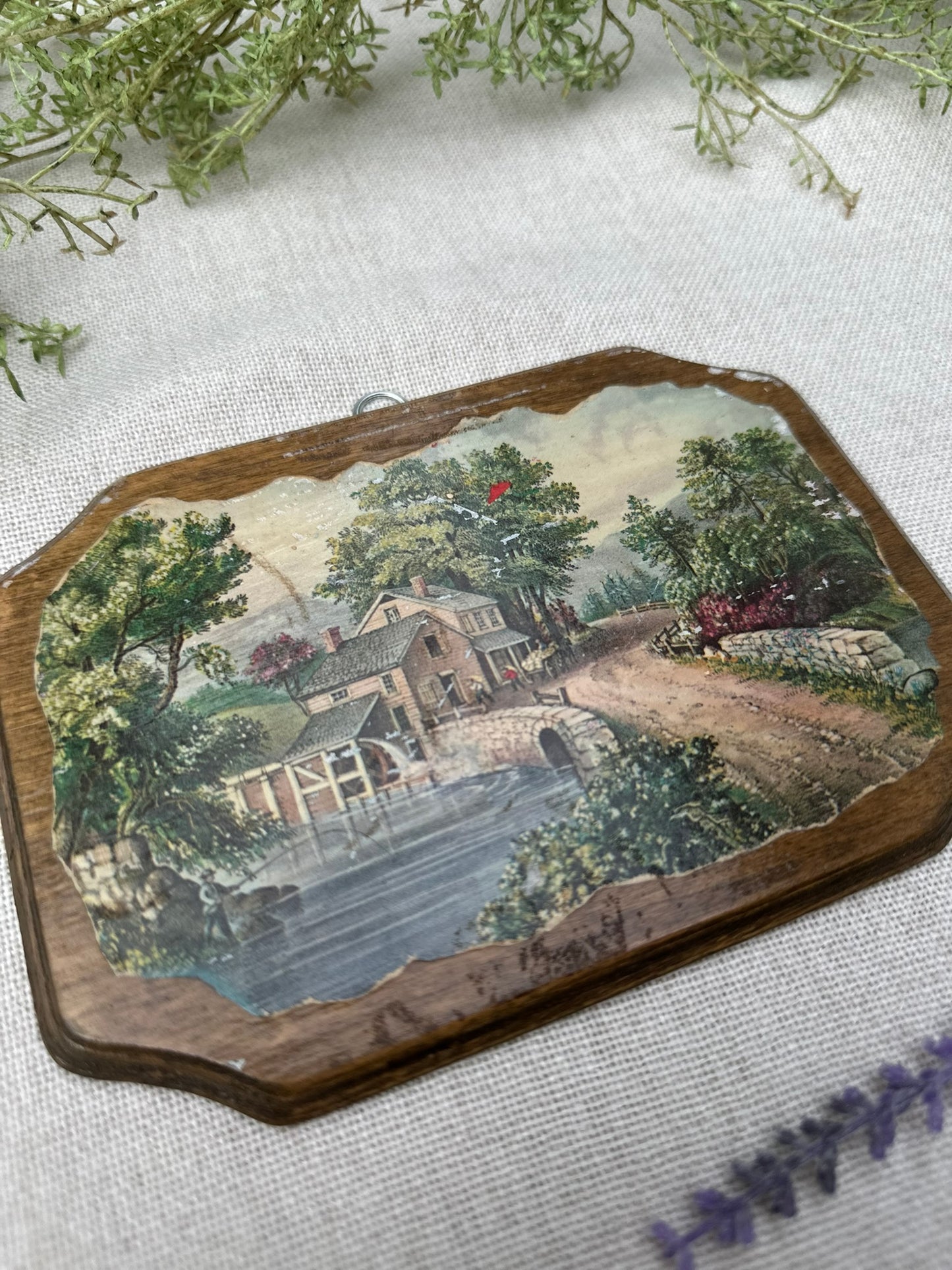 Vintage Wood Wall Plaque with Cottage Scene | Distressed Decoupage Landscape