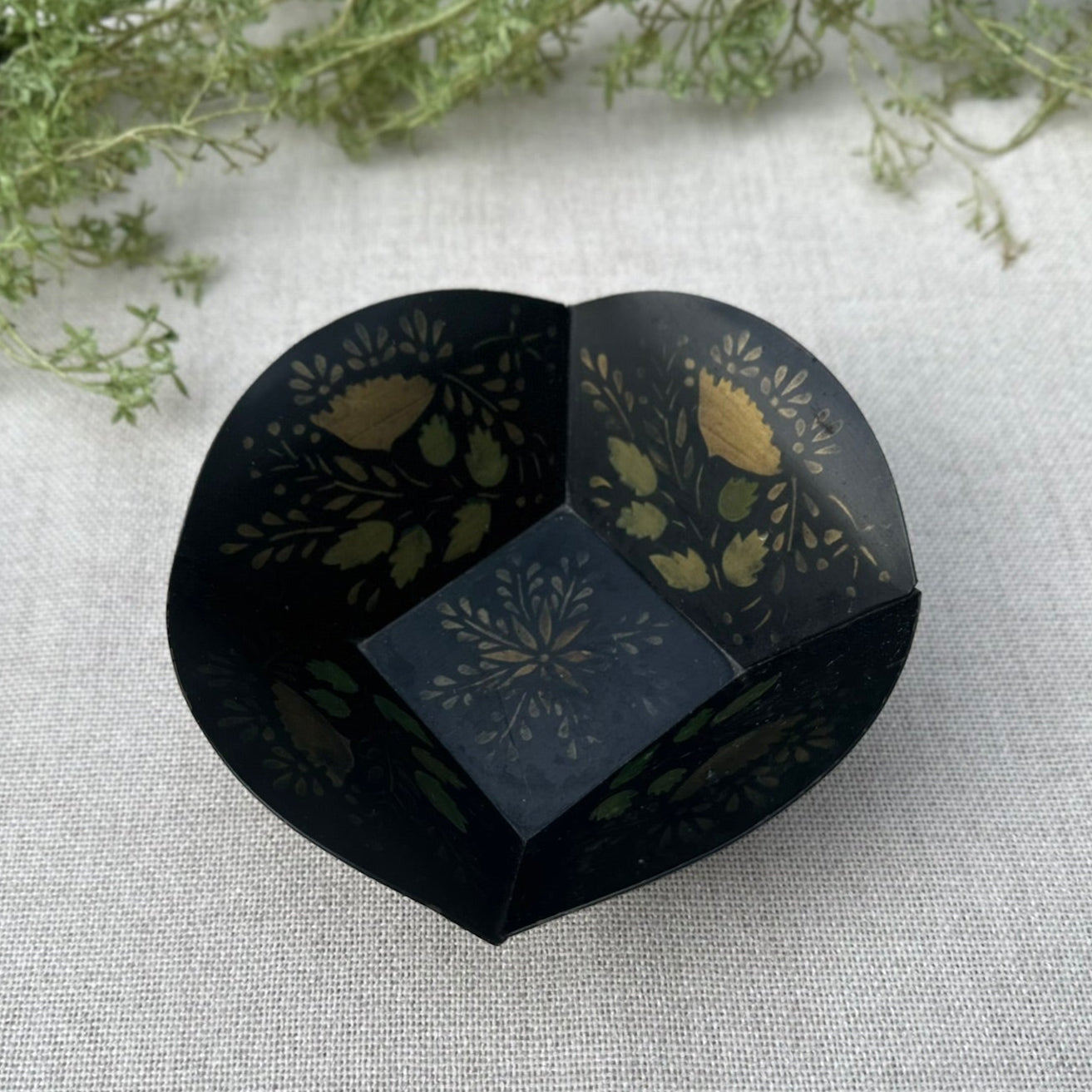 Black Toleware-Style Tin Dish | Vintage Hand-Painted Floral Catchall